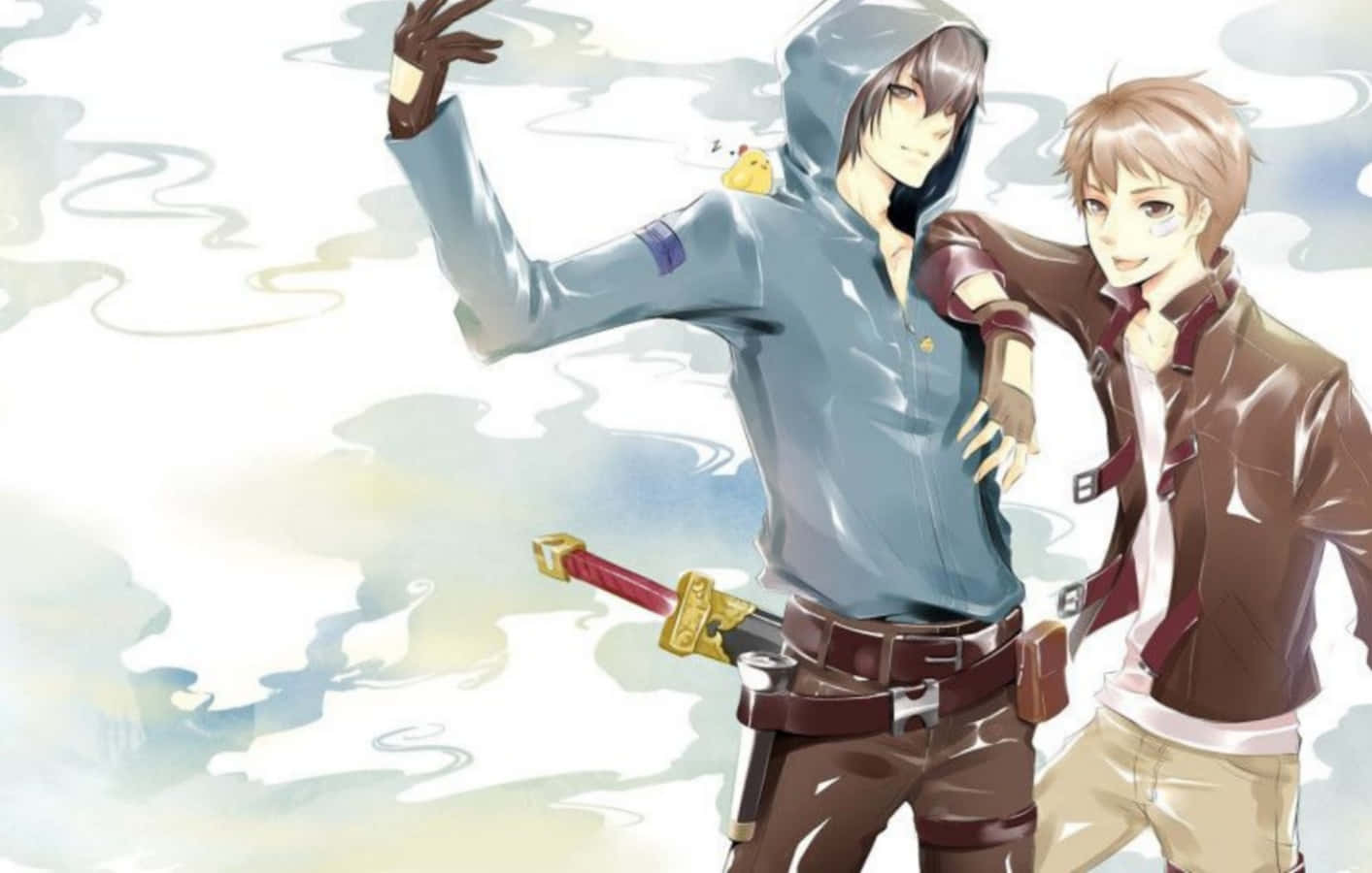 動漫 桌布 壁紙 — 兩個動漫男孩自信地站在柔和的陰天背景下，其中一個揮舞著劍，一隻小黃鳥棲息在他的肩膀上。