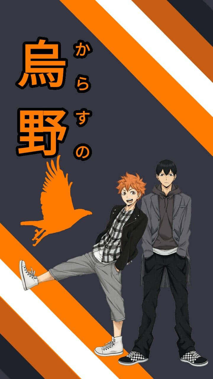 Haikyuu Captains 桌布 壁紙 — 兩個動漫男孩自信地站在深色背景前，背景有醒目的橙色和白色對角線條紋以及一個風格化的鳥標誌。