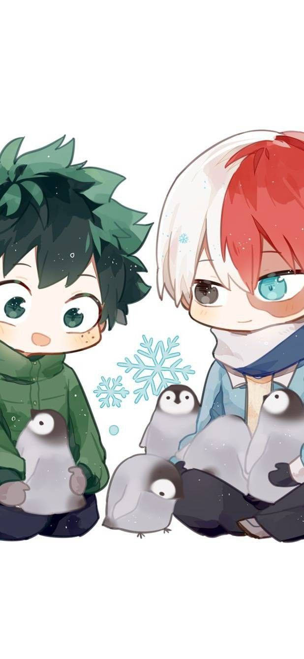my 桌布 壁紙 — 兩個動漫男孩與企鵝在雪景中，飄浮的雪花。