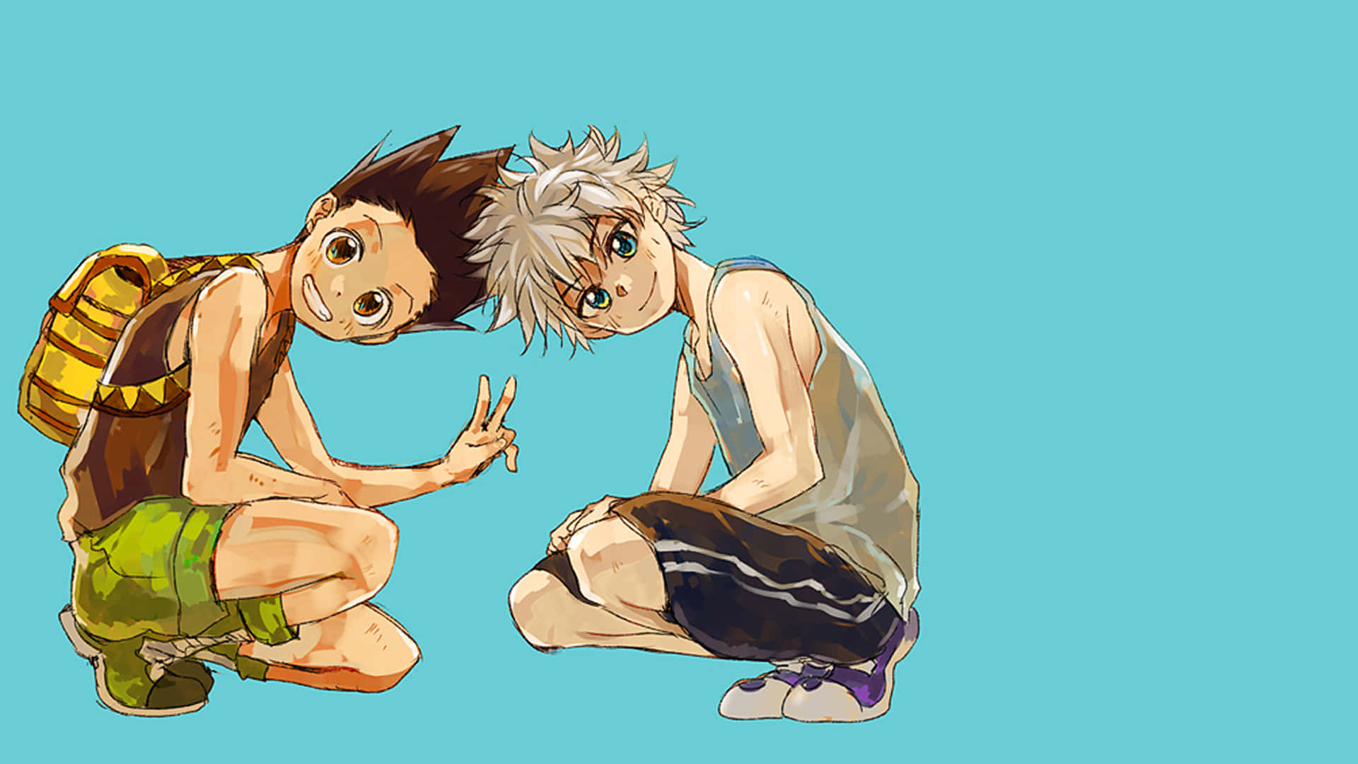 Gon And Killua 桌布 壁紙 — 兩個動漫男孩蹲著面對面，表情愉快，背景是純青色。