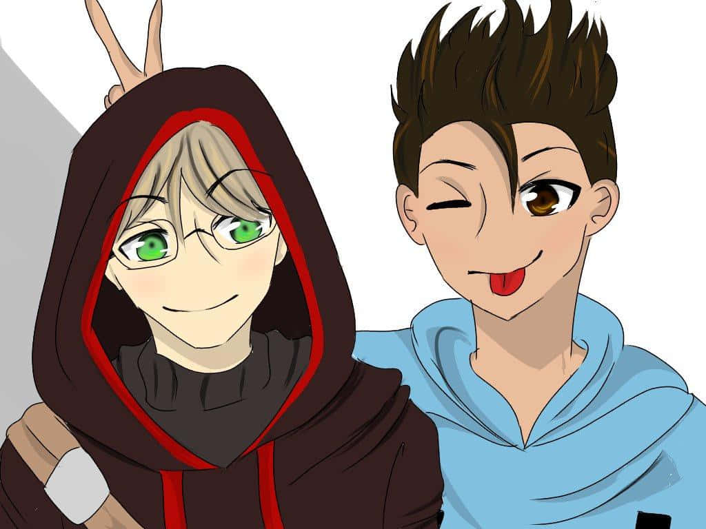 光環 桌布 壁紙 — 兩個動漫男孩頑皮地微笑，一個穿著深色連帽衫，綠色眼睛，另一個穿著藍色連帽衫，吐舌頭眨眼。