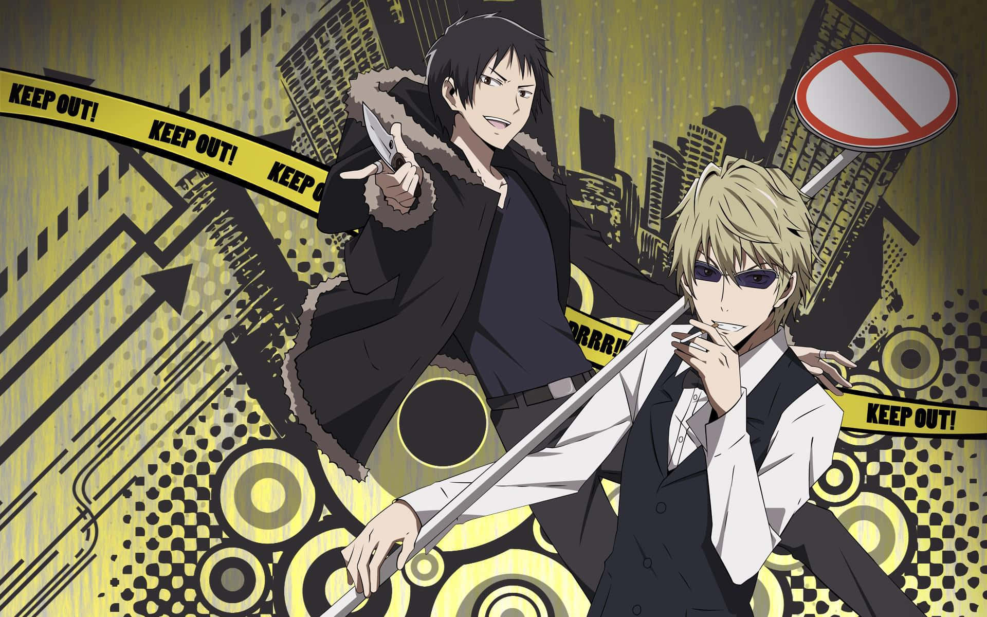durarara 桌布 壁紙 — 兩個動漫男性身處粗糙的城市環境，帶有黃色警示膠帶和大膽的幾何圖案。