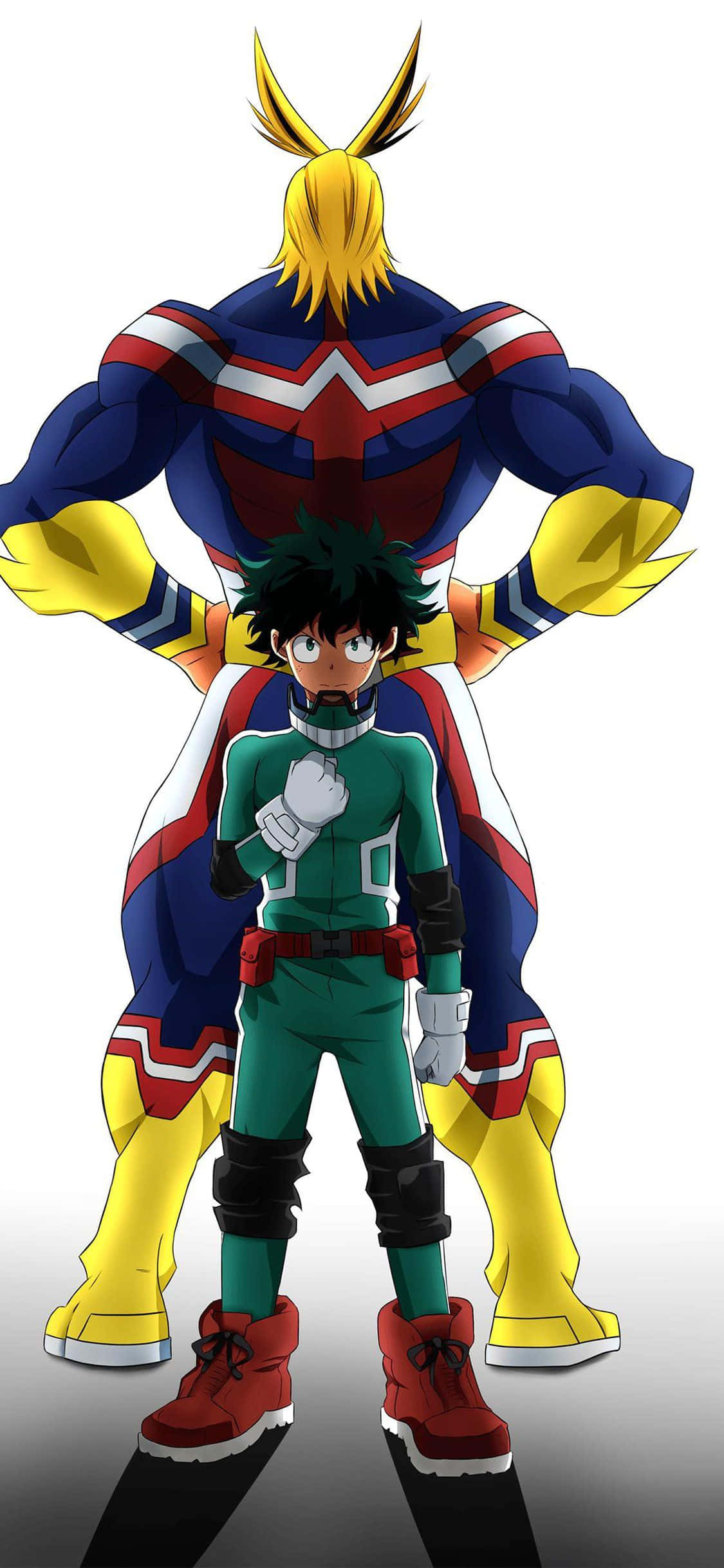 Cute My Hero Academia 桌布 壁紙 — 兩個動漫英雄背靠背站立，一個穿著綠色套裝，另一個穿著藍色、紅色和黃色套裝，頭髮尖刺。