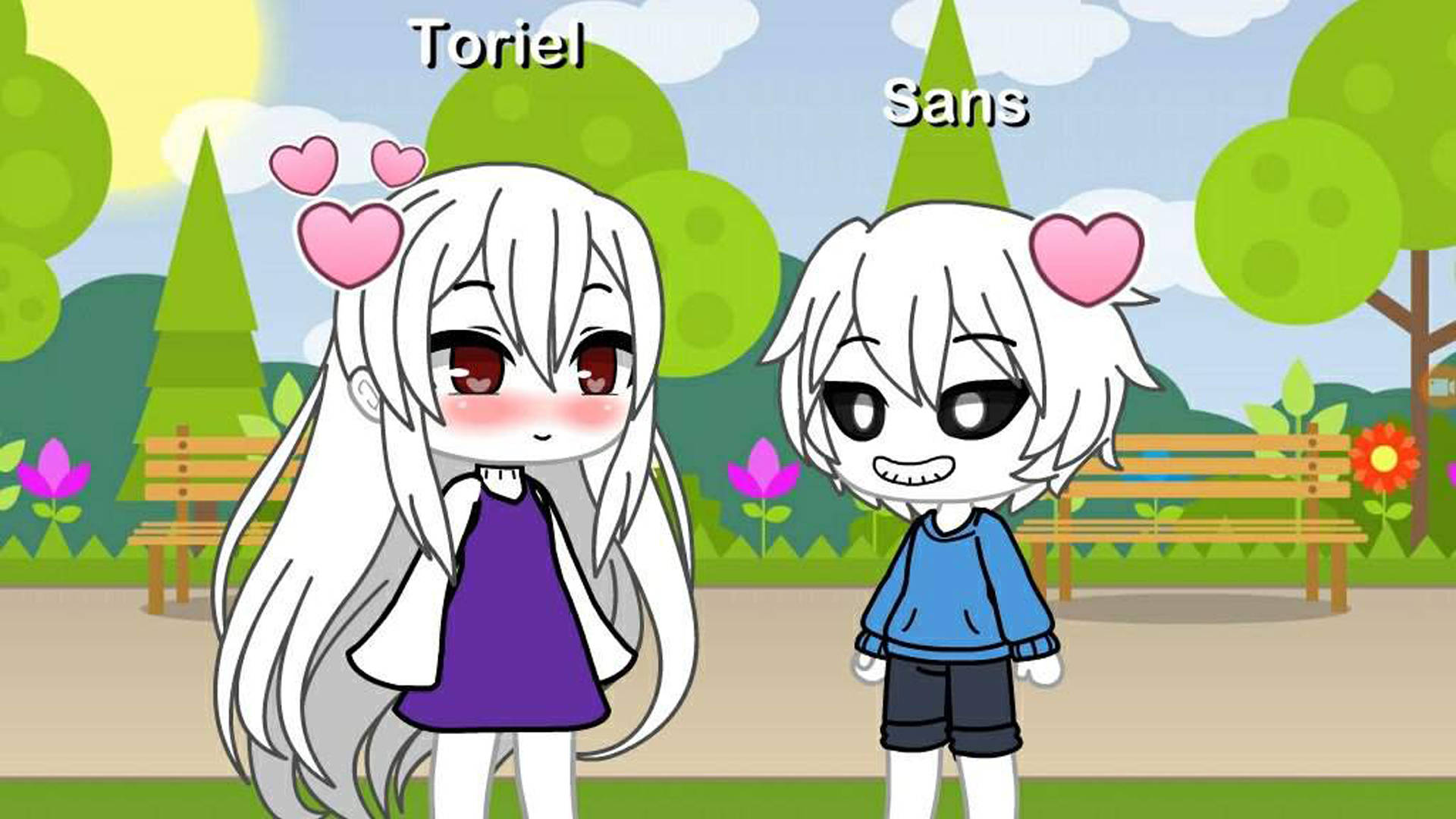 life 桌布 壁紙 — 兩個動漫角色 Toriel 和 Sans 站在陽光明媚的公園裡，心形圖案漂浮在他們頭頂。