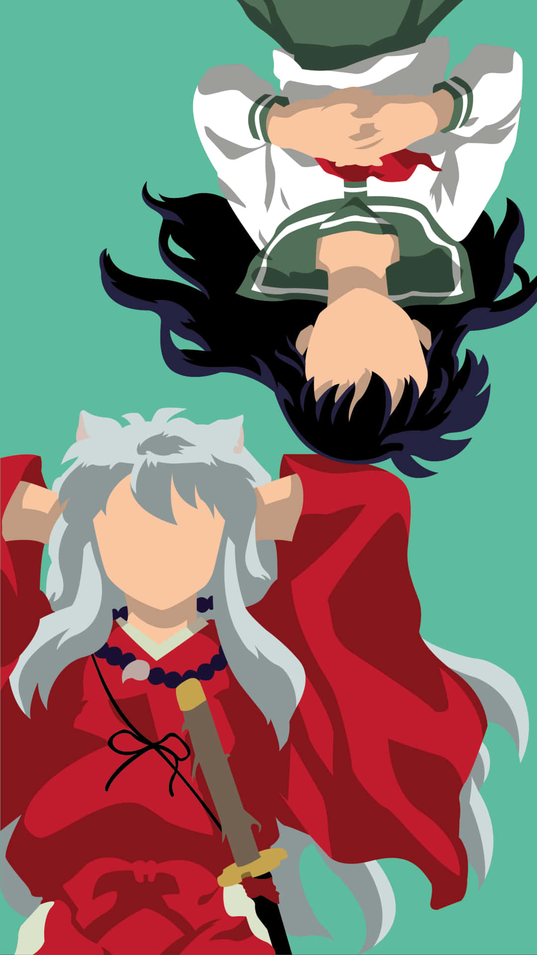 Inuyasha iPhone 桌布 壁紙 — 兩個動漫角色，一個倒轉，面對面，背景為青綠色。一個銀髮紅袍持劍，另一個黑髮穿綠色制服。