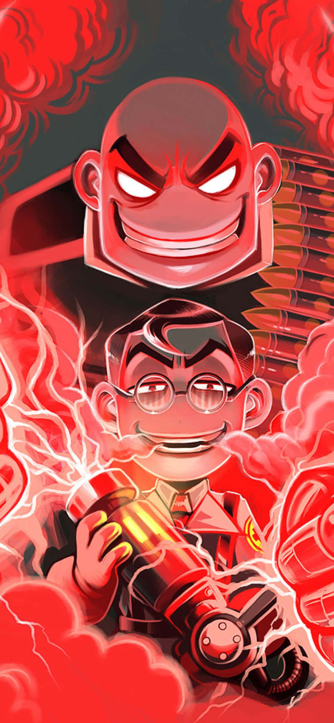 電玩遊戲 桌布 壁紙 — 兩個動漫角色，一個光頭憤怒，一個戴眼鏡微笑，被紅煙和閃電包圍。