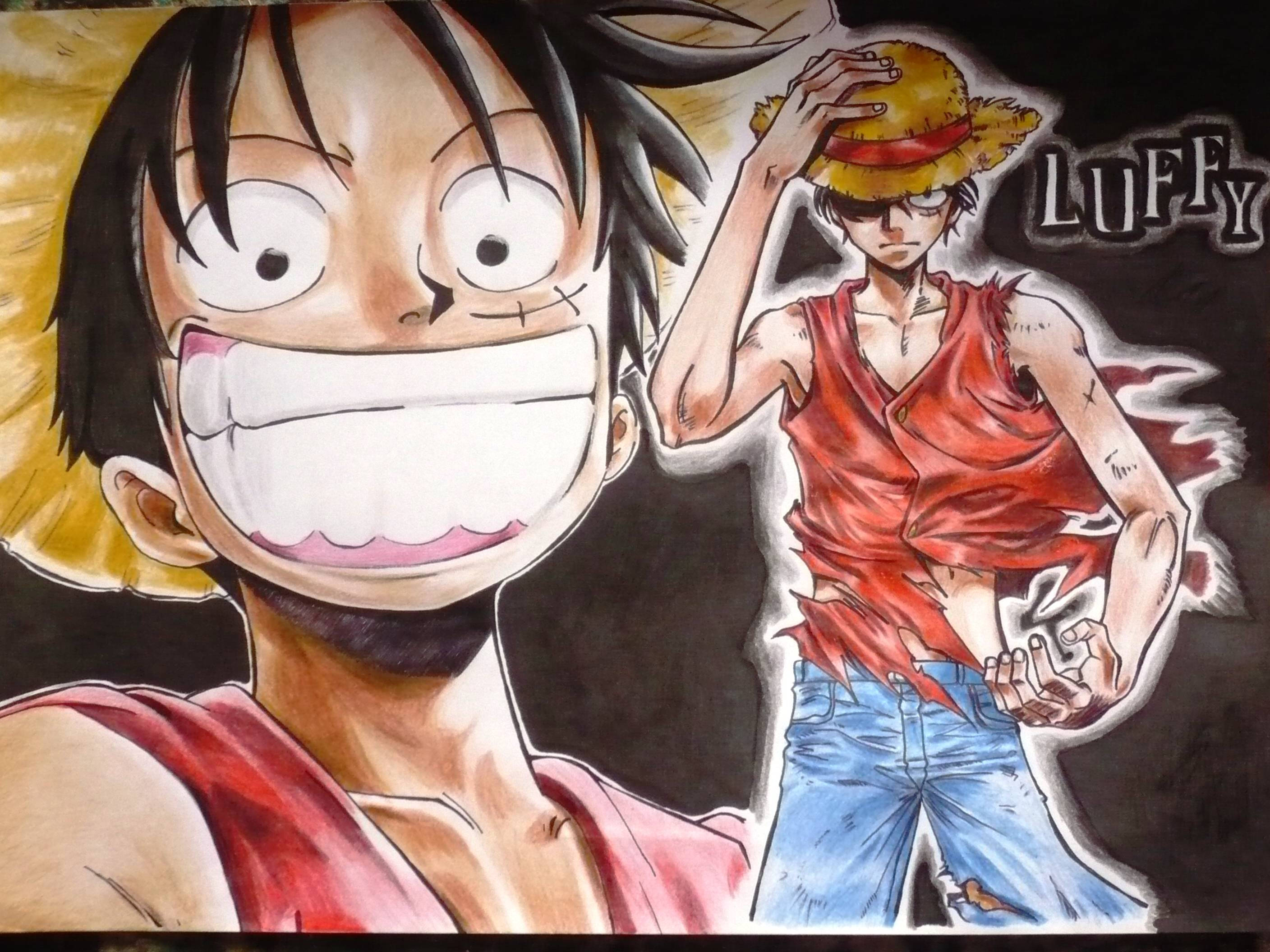 Luffy 桌布 壁紙 — 兩個動漫角色，一個在前景咧嘴大笑，另一個在背景拿著名為魯夫的草帽。
