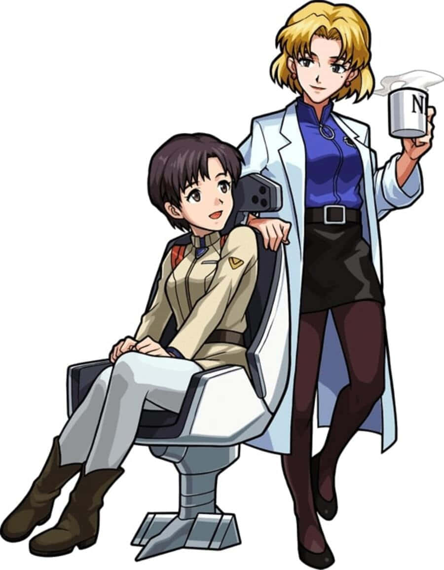 Maya Ibuki 桌布 壁紙 — 兩個動漫角色，一個坐在駕駛座上，另一個穿著實驗室外套，拿著冒熱氣的杯子。