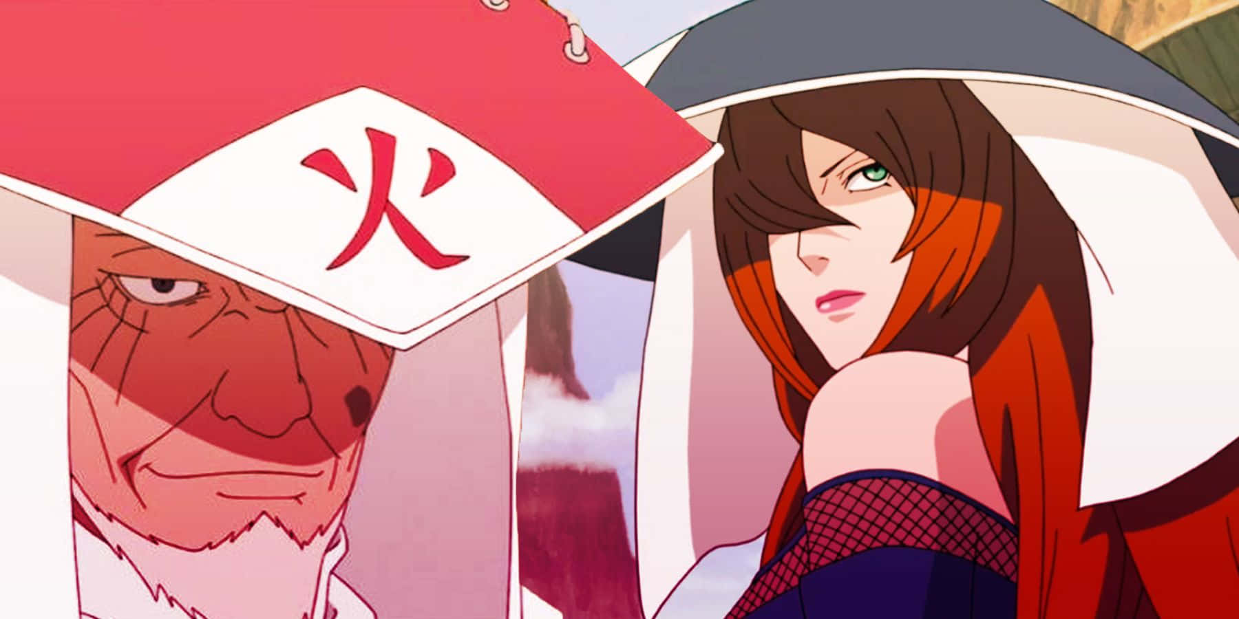 Naruto Kage 桌布 壁紙 — 兩個動漫角色，一個戴紅色面具並有漢字火符號，另一個有紅髮和綠眼，擺出戲劇性姿勢。