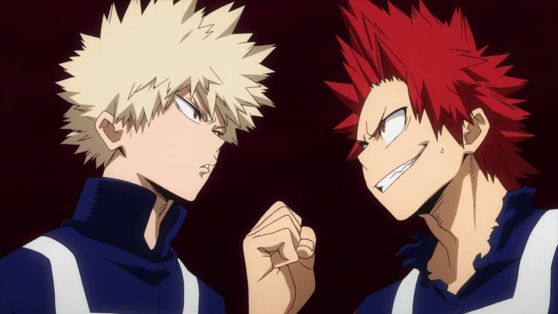 Kirishima 桌布 壁紙 — 兩個動漫角色，一個有尖刺金髮，另一個有尖刺紅髮，在黑暗背景下緊張對峙。