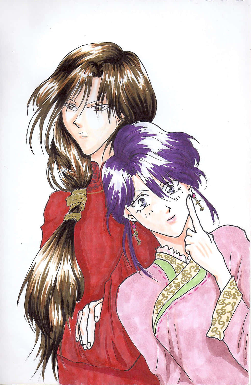 Fushigi Yuugi 桌布 壁紙 — 兩個動漫角色，一個有棕色辮子頭髮穿著紅色服裝，另一個有紫色頭髮穿著粉紅色服裝，在白色背景前親密擺姿勢。