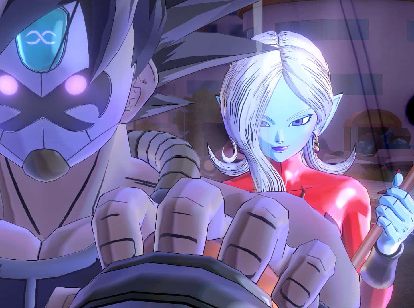 Dragon Ball Xenoverse 2 桌布 壁紙 — 兩個動漫角色，一個有發光的眼睛和面具，另一個有銀色頭髮和紅色服裝，站在一個光線昏暗的房間裡。