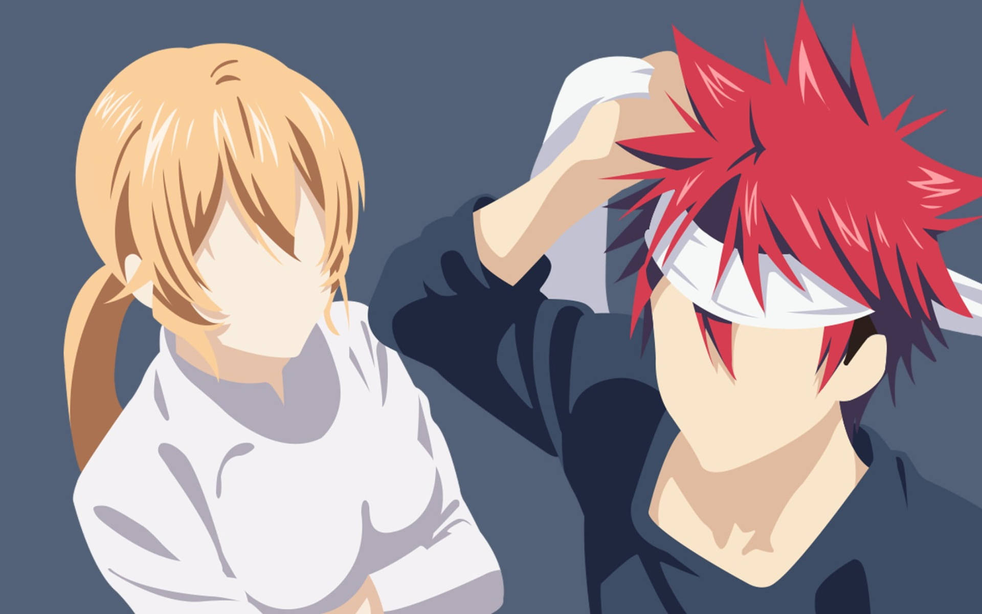 food wars shokugeki no soma 桌布 壁紙 — 兩個動漫角色，一個有紅色刺蝟頭和白色頭帶，另一個有金色馬尾辮，在風格化的插圖中緊密站立。