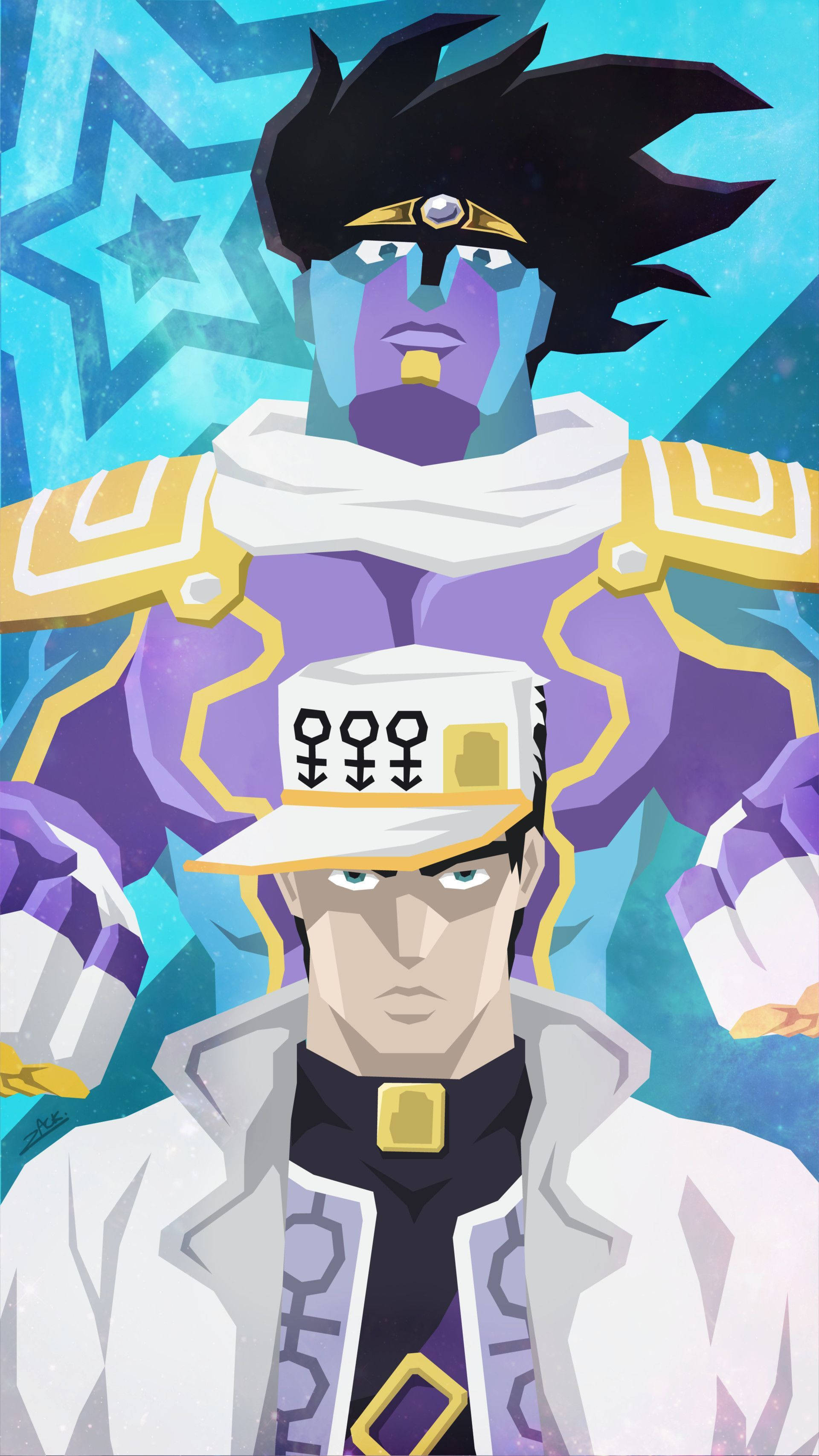 Jojo 桌布 壁紙 — 兩個動漫角色，一個有紫色皮膚和星空背景，另一個穿著白色外套和帽子。