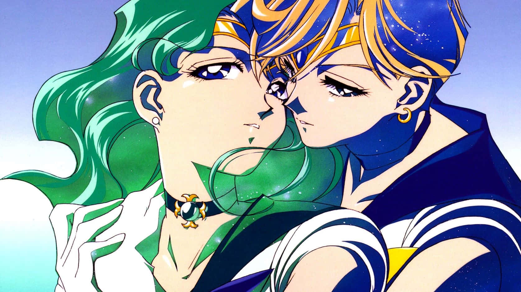 sailor neptune 桌布 壁紙 — 兩個動漫角色，一個有綠色頭髮，一個有藍色頭髮，在星空背景下分享親密時刻。