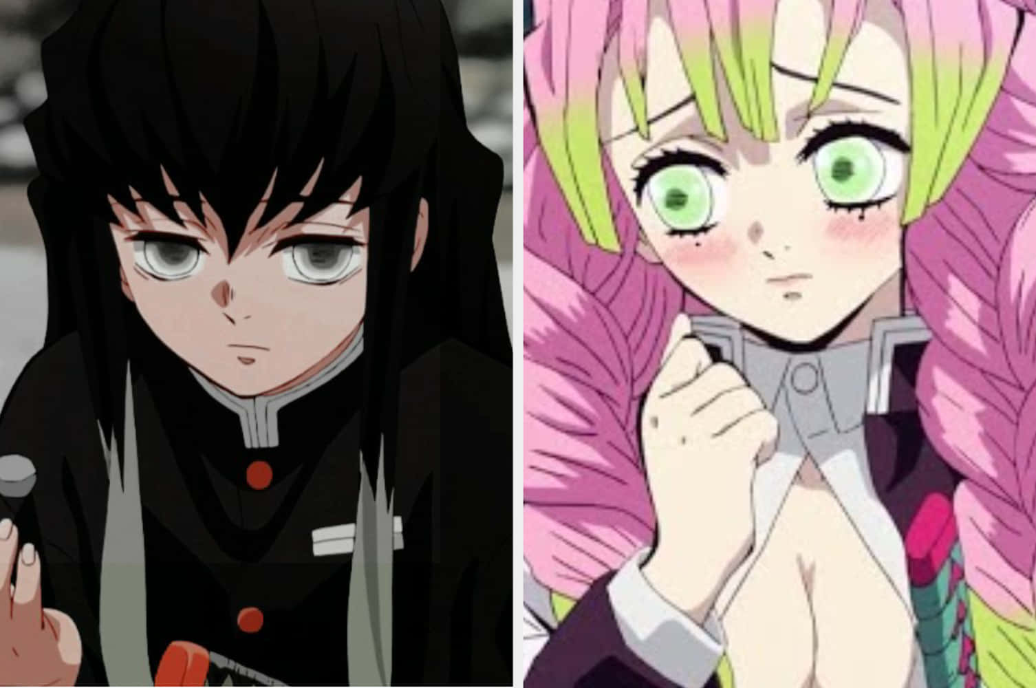 Demon Slayer Characters 桌布 壁紙 — 兩個動漫角色，一個有黑髮和灰眼睛，另一個有粉紅和綠髮以及明亮的綠眼睛。