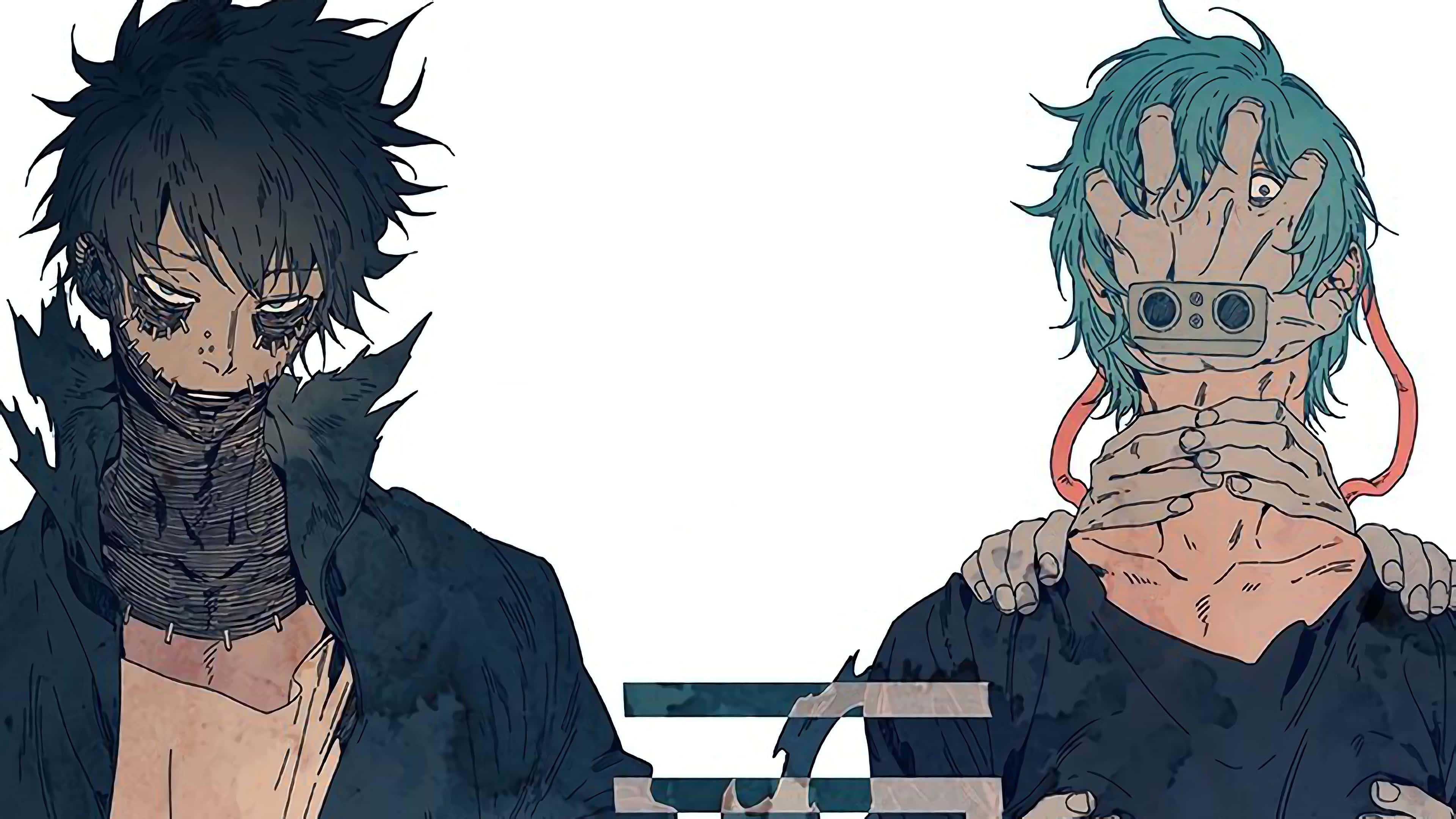 Dabi Boku No Hero 桌布 壁紙 — 兩個動漫角色，一個深色頭髮一個青色頭髮，站在純白背景前，一個臉上帶有疤痕，另一個的臉是相機。