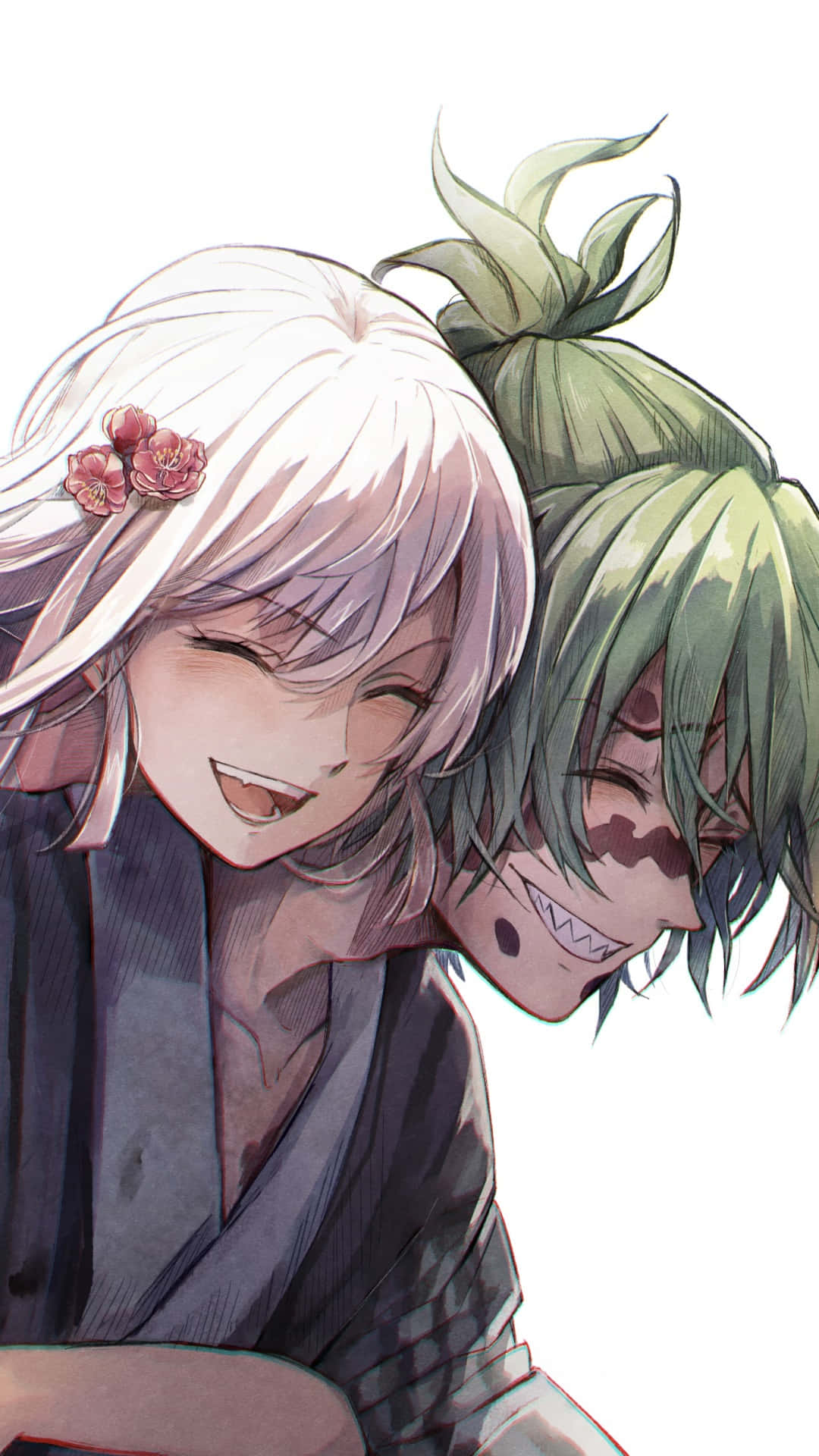 Daki Demon Slayer 桌布 壁紙 — 兩個動漫角色，一個白髮一個綠髮，在純白背景前快樂地緊緊擁抱。