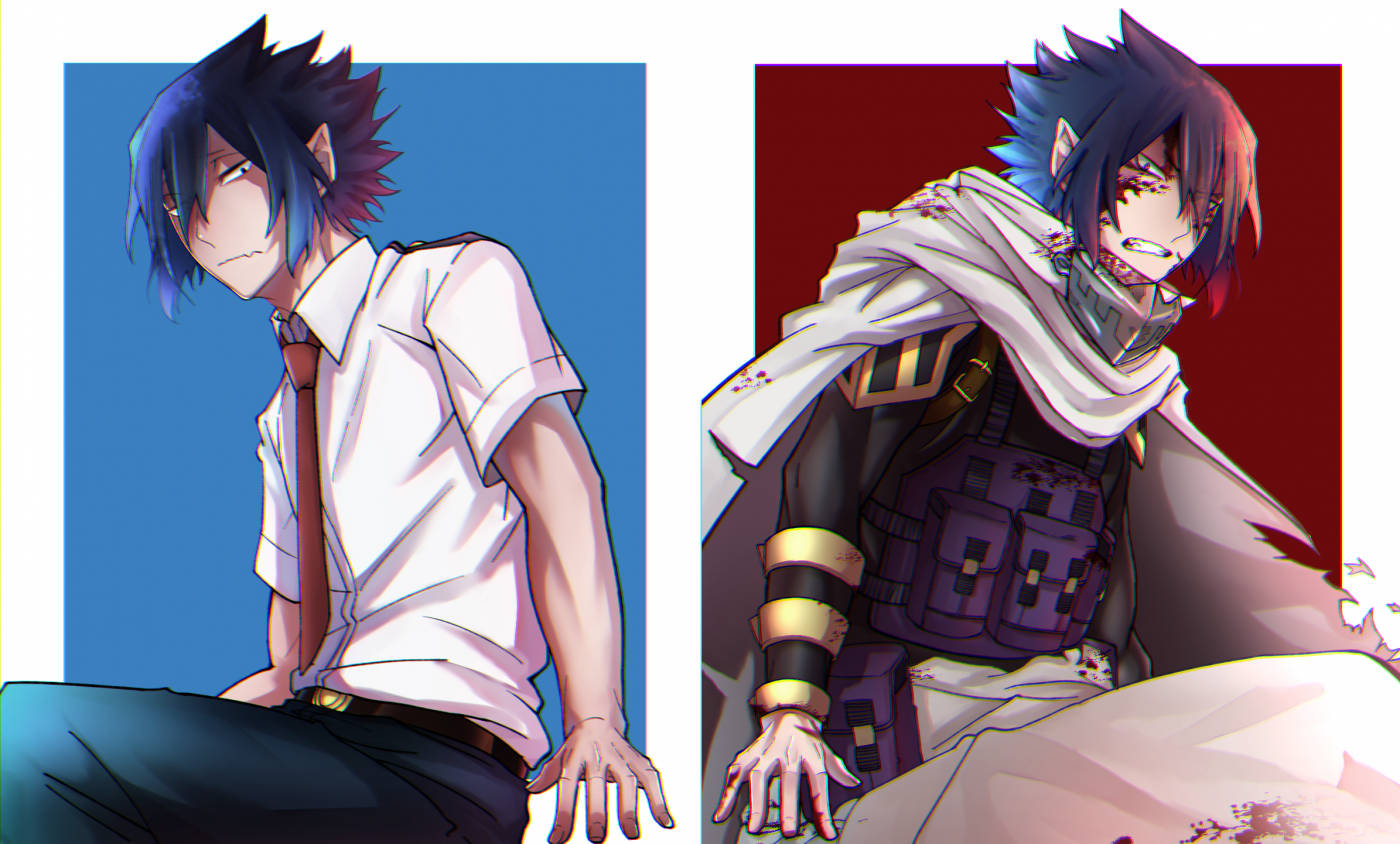 Tamaki Amajiki 桌布 壁紙 — 兩個動漫角色，一個穿著校服在藍色背景前，另一個穿著戰鬥裝備在紅色背景前，兩者都滿臉是血。