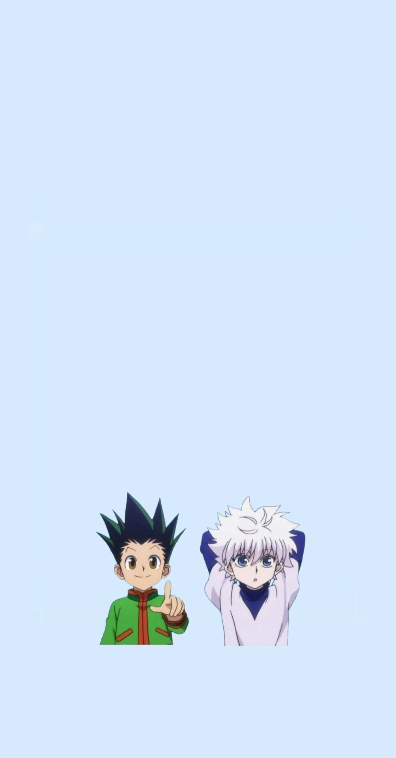獵人 x 獵人 桌布 壁紙 — 兩個動漫角色，一個穿著綠色外套指向上方，另一個白髮角色在淺藍色背景上抱著頭。