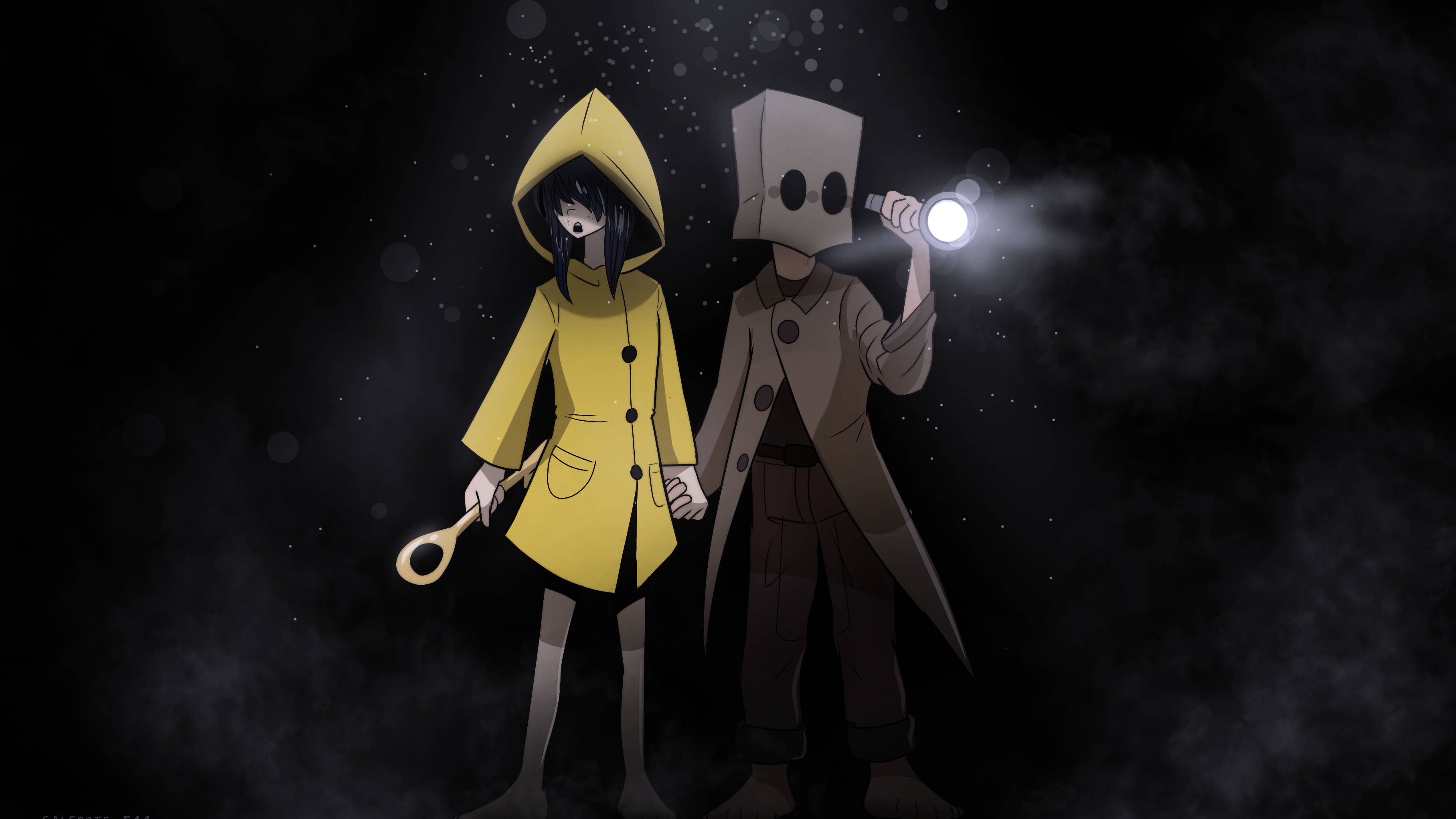 Nightmares 桌布 壁紙 — 兩個動漫角色，一個穿著黃色雨衣的女孩和一個戴著盒子頭、拿著手電筒的人物，一起站在黑暗霧氣繚繞的環境中。
