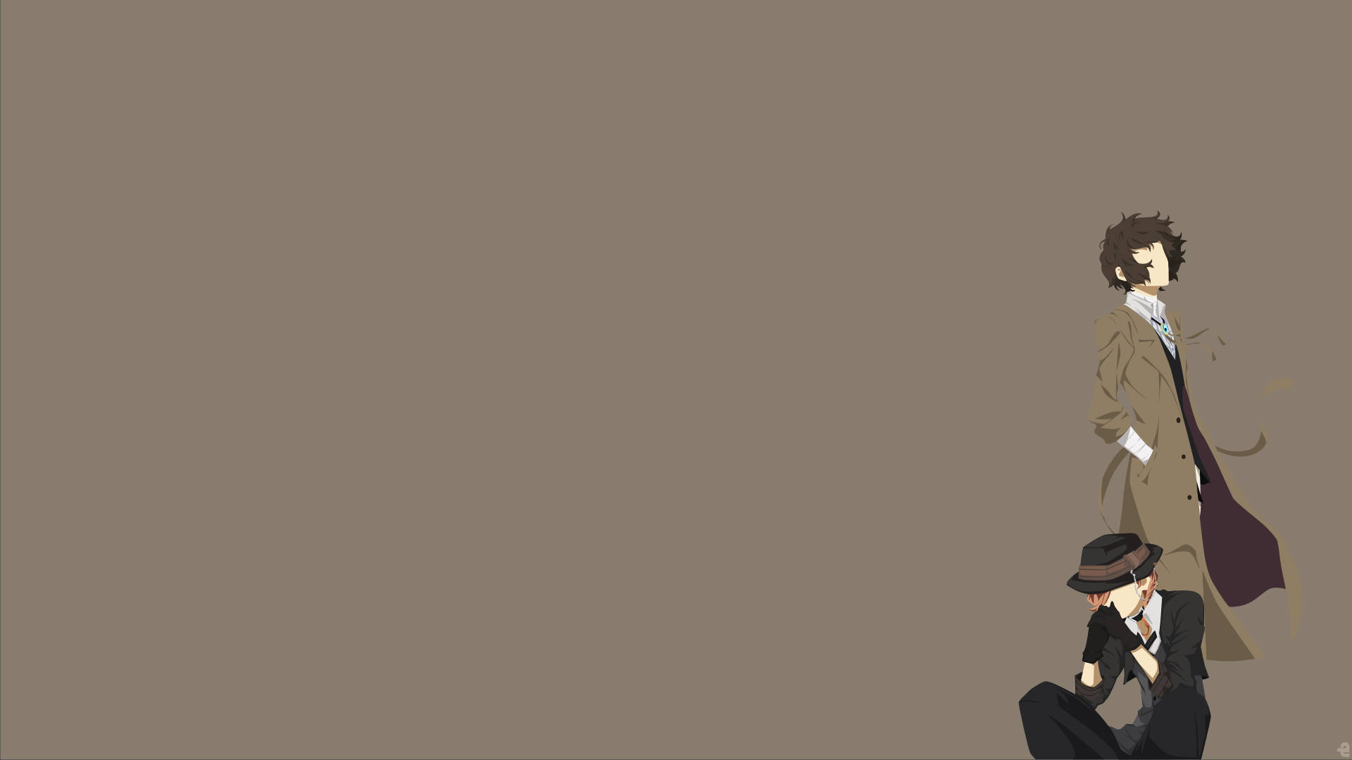 Dazai 桌布 壁紙 — 兩個動漫角色，一個站著穿風衣，另一個坐著戴軟呢帽，背景是純棕色。