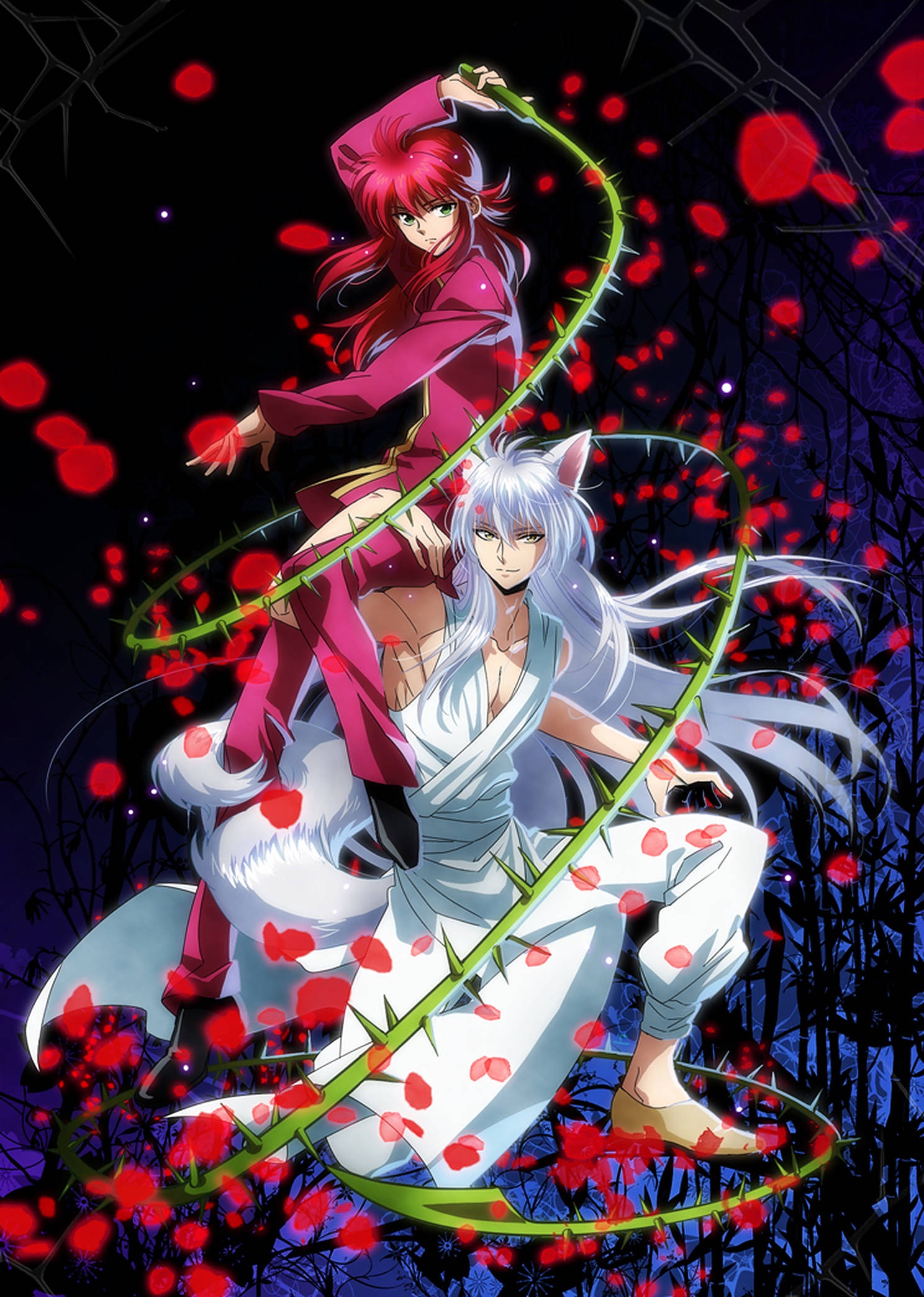 yuyu hakusho 桌布 壁紙 — 兩個動漫角色，一個紅頭髮，在黑暗森林背景下，揮舞著帶刺的鞭子，周圍飄落著紅色花瓣。