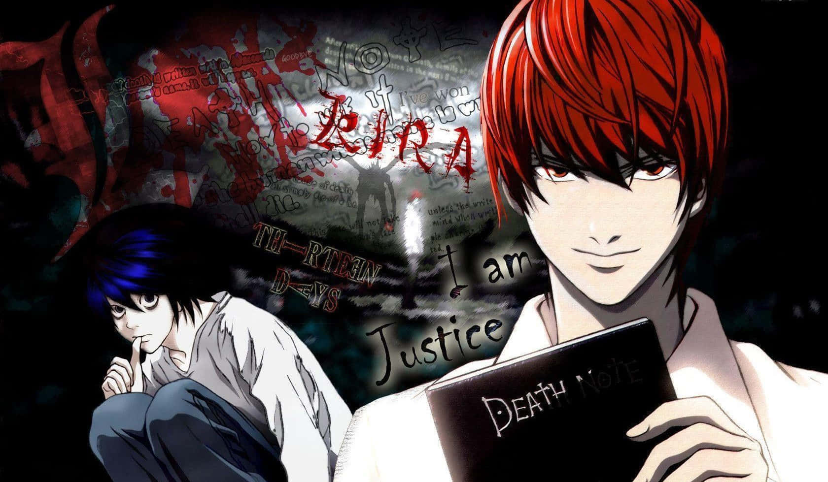 Death Note 4K 桌布 壁紙 — 兩個動漫角色，一個紅頭髮拿著死亡筆記，另一個藍頭髮蹲在黑暗背景前，有血跡和文字。