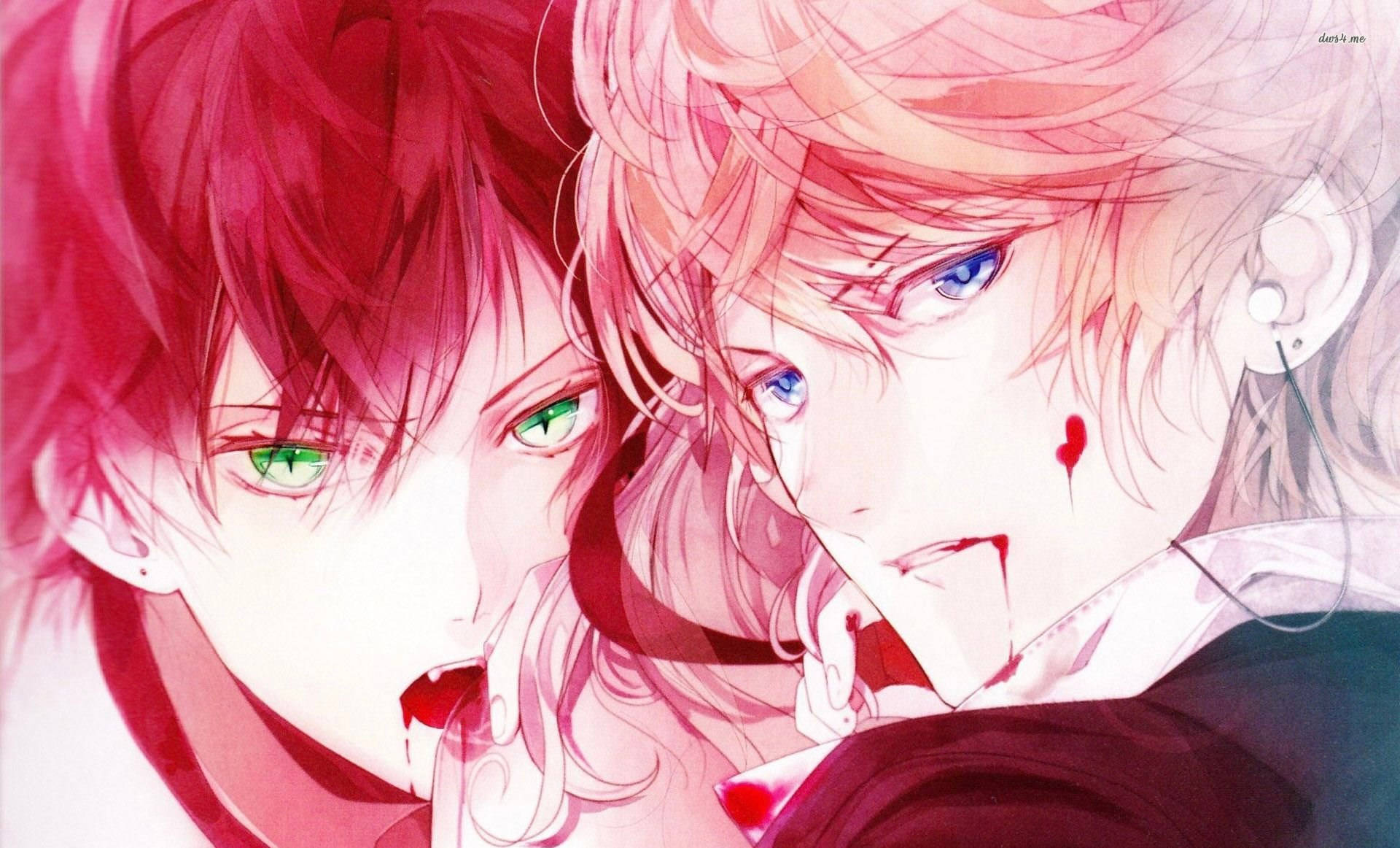 Diabolik Lovers 桌布 壁紙 — 兩個動漫角色，一個紅髮一個金髮，在粉紅光芒下分享一個親密的特寫，一個有綠眼睛，另一個有藍眼睛和一個小心形標記。