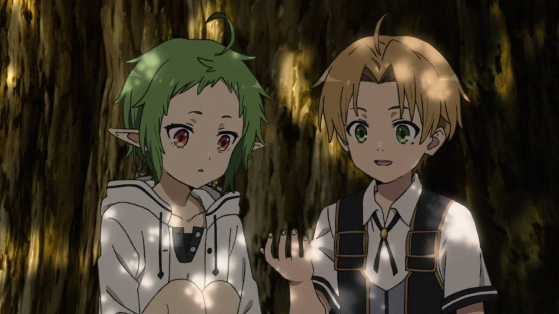 Mushoku Tensei 桌布 壁紙 — 兩個動漫角色，一個綠髮一個金髮，站在昏暗的森林中，陽光穿過他們身後的樹木灑落。