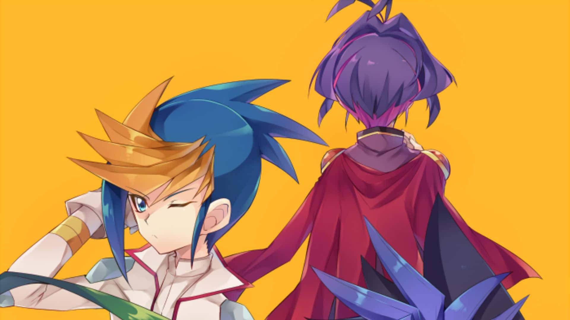 Yu-gi-oh Yugo 桌布 壁紙 — 兩個動漫角色，一個藍色頭髮一個紫色頭髮，頭髮尖刺，站在亮黃色背景前。