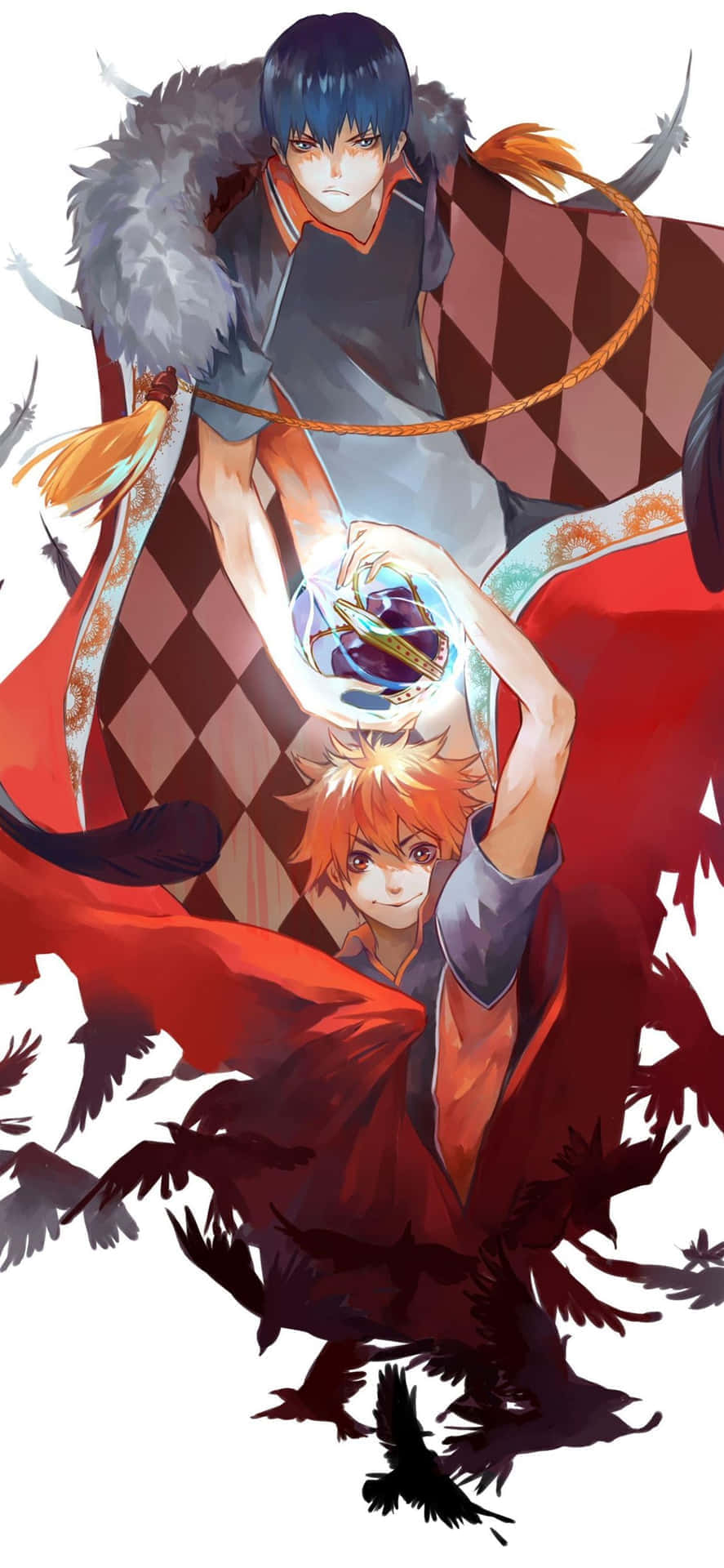 Haikyuu Fan Art 桌布 壁紙 — 兩個動漫角色，一個藍色頭髮和毛領，手持發光球體，另一個橙色頭髮在紅色斗篷下微笑，被黑鳥包圍。