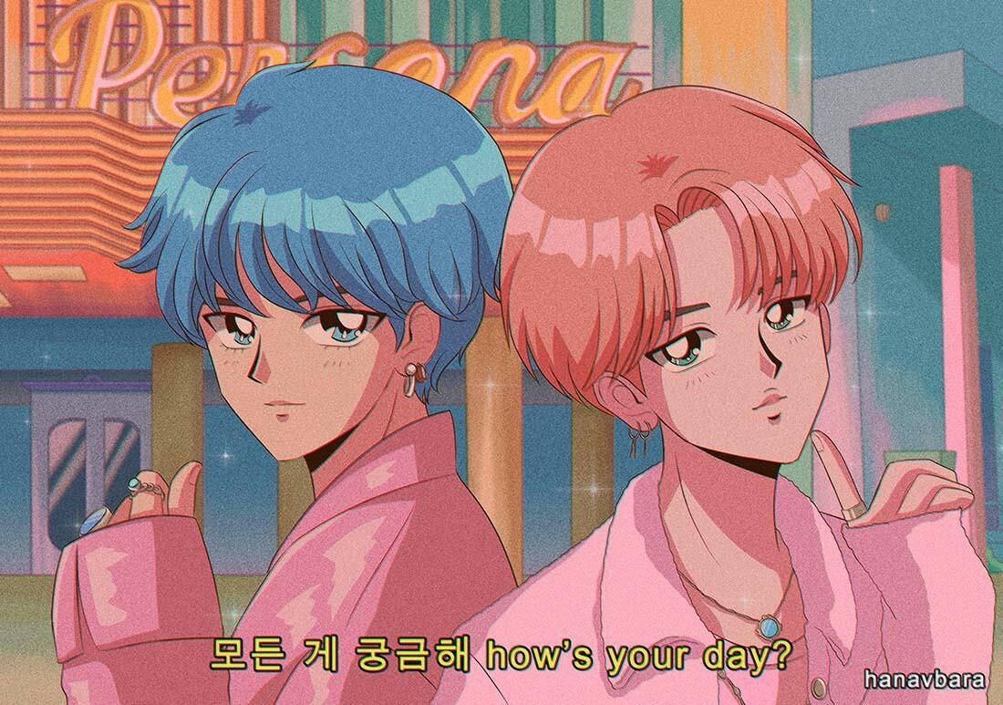 Cute Anime Boy 桌布 壁紙 — 兩個動漫角色，一個藍髮一個粉紅髮，並肩站在霓虹燈照亮的城市環境中，身後有一個發光的「Persona」標誌。