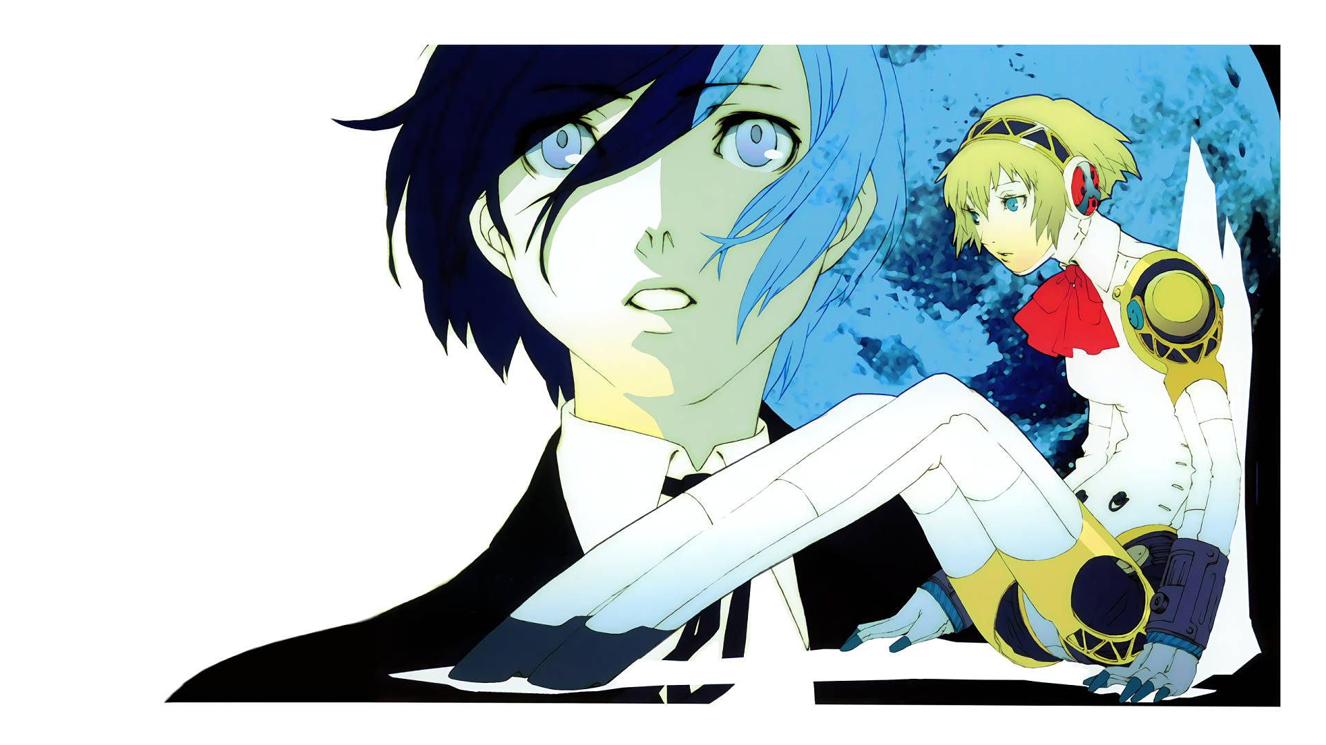 Persona 3 桌布 壁紙 — 兩個動漫角色，一個藍髮一個金髮，坐在有紋理的藍色背景前，一個穿著正裝，另一個穿著未來風格的裝備。