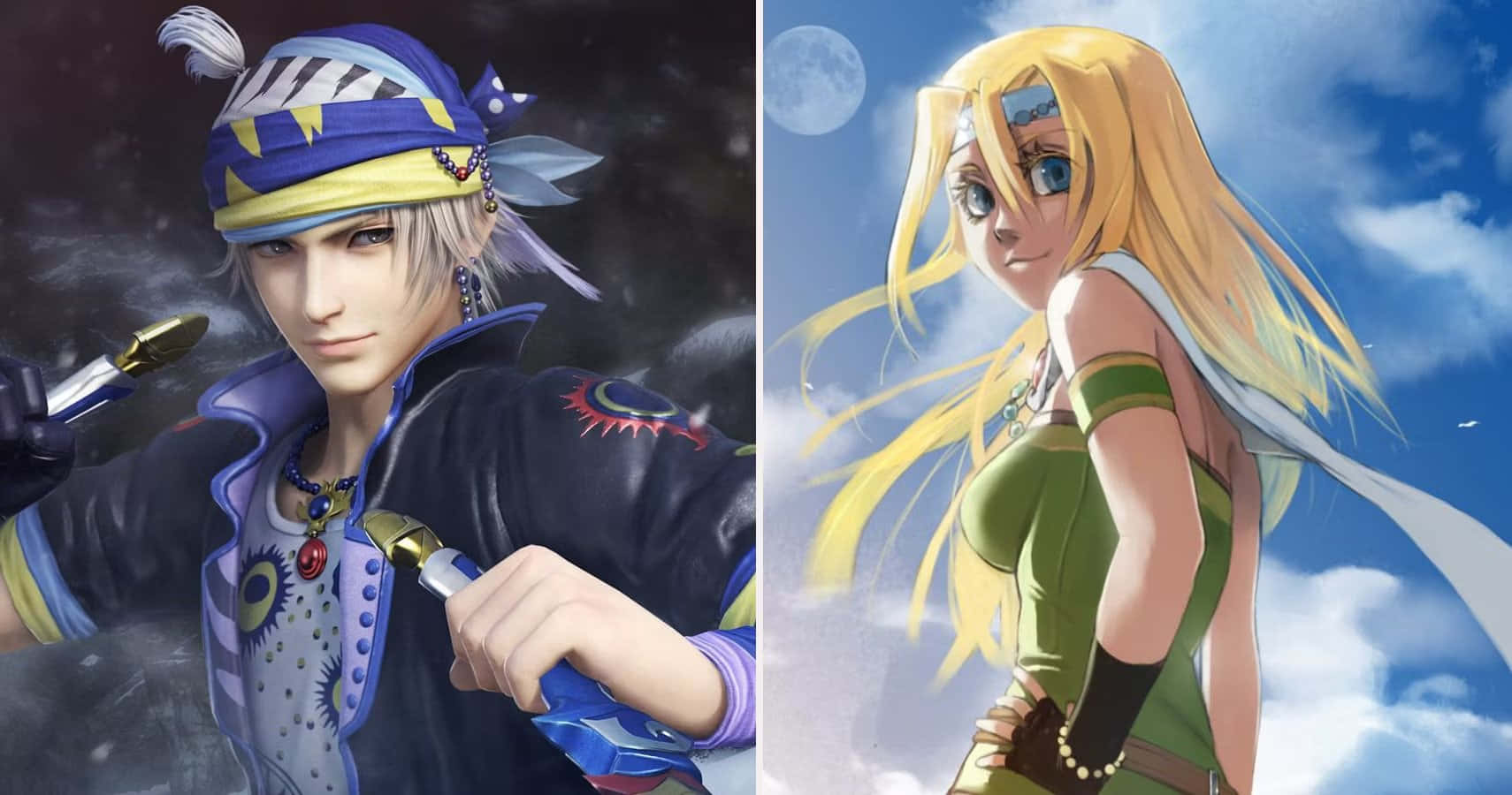 Final Fantasy Characters 桌布 壁紙 — 兩個動漫角色，一個身穿深藍色服裝在暴風雨的天空下持劍，另一個身穿綠色服裝金髮在明亮的月光下。