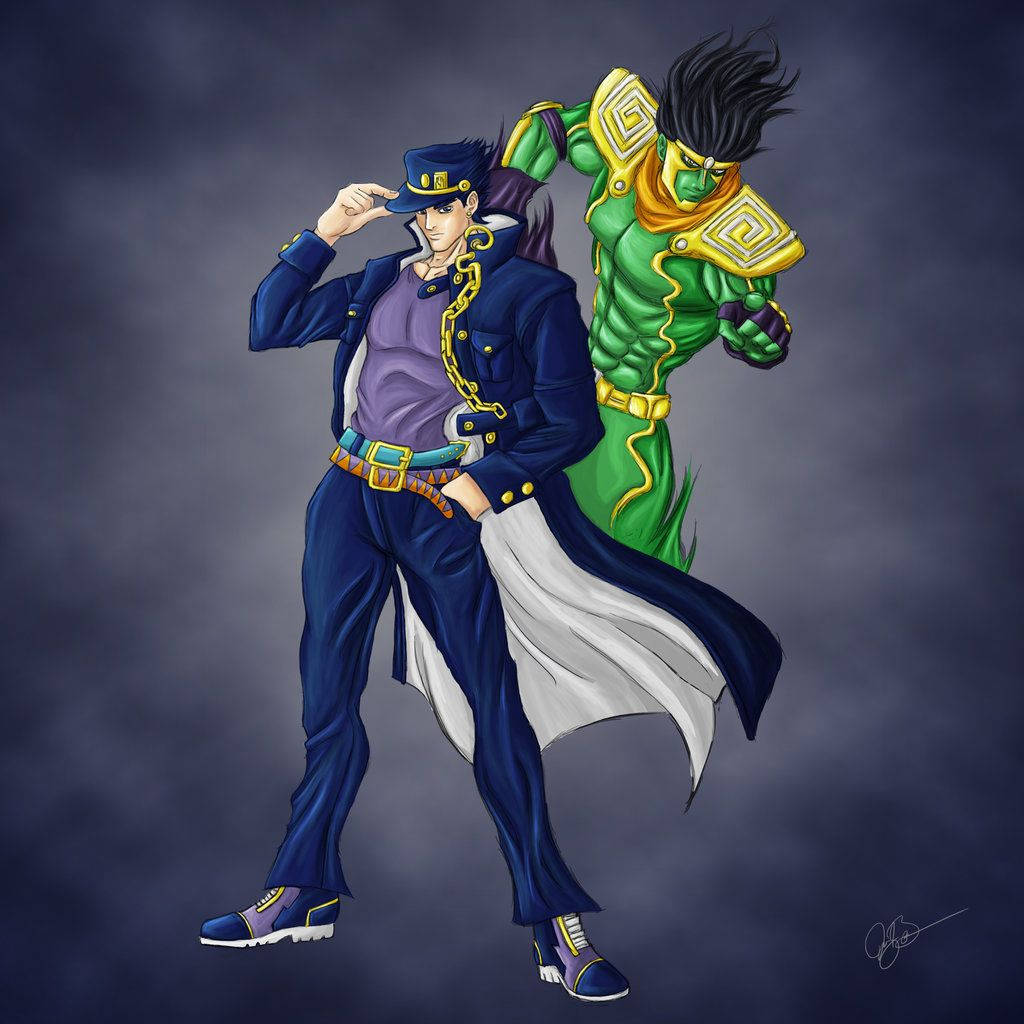 Jotaro 桌布 壁紙 — 兩個動漫角色，一個身穿藍色西裝掀帽，另一個綠色肌肉發達身穿金色盔甲，站在黑暗暴風雨背景前。