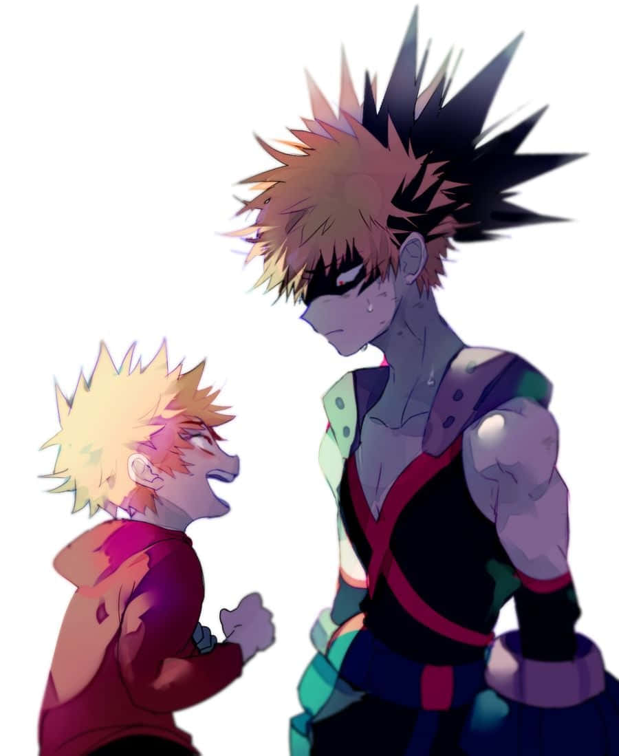 Bakugo 桌布 壁紙 — 兩個動漫角色，一個高大黑眼，一個細小亮髮，頭髮尖刺，在白色背景前相對而立。