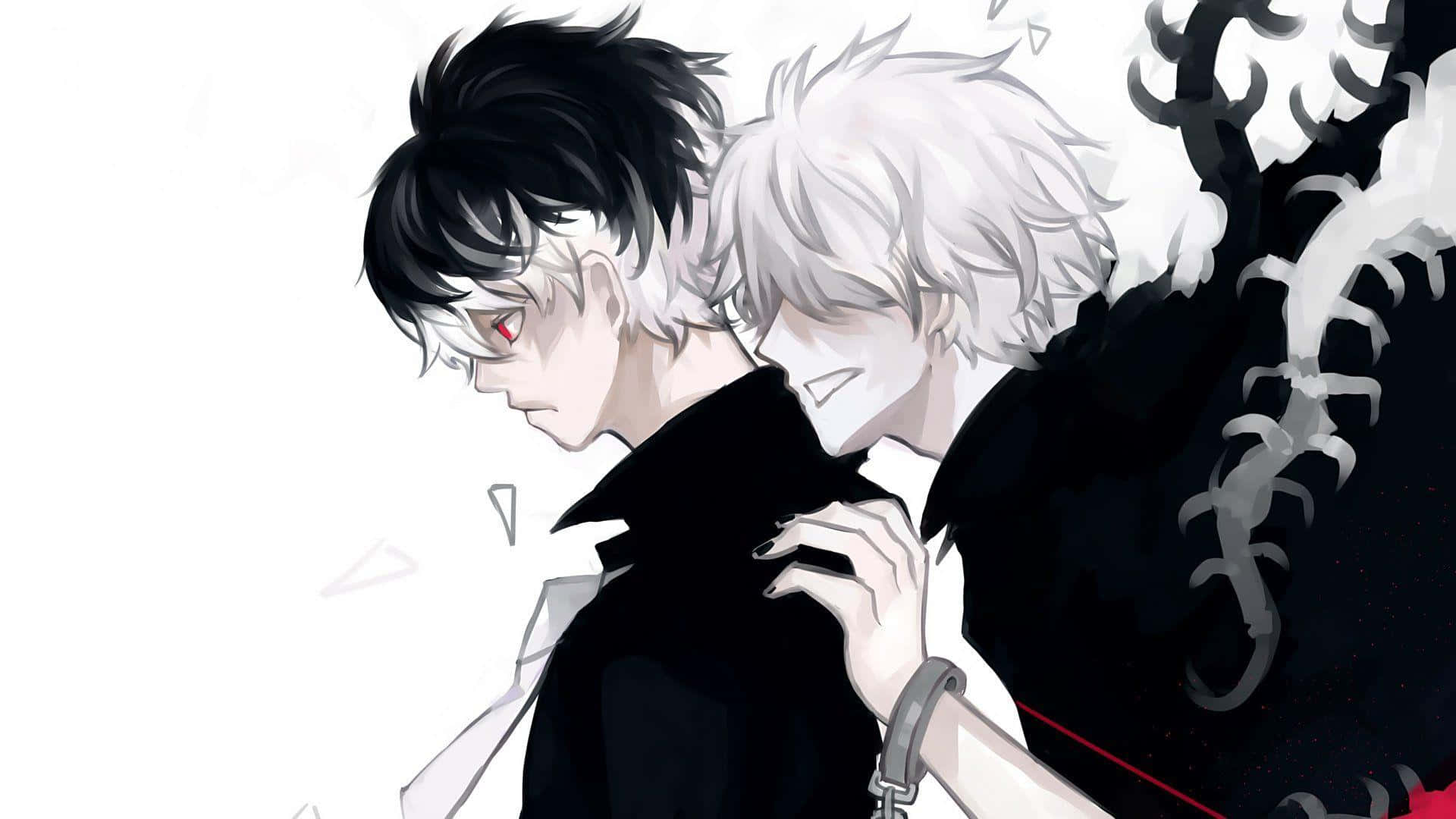 Kishou Arima 桌布 壁紙 — 兩個動漫角色，一個黑髮紅眼，另一個白髮帶蠍尾，在黑暗戲劇性的姿勢中緊密站立。