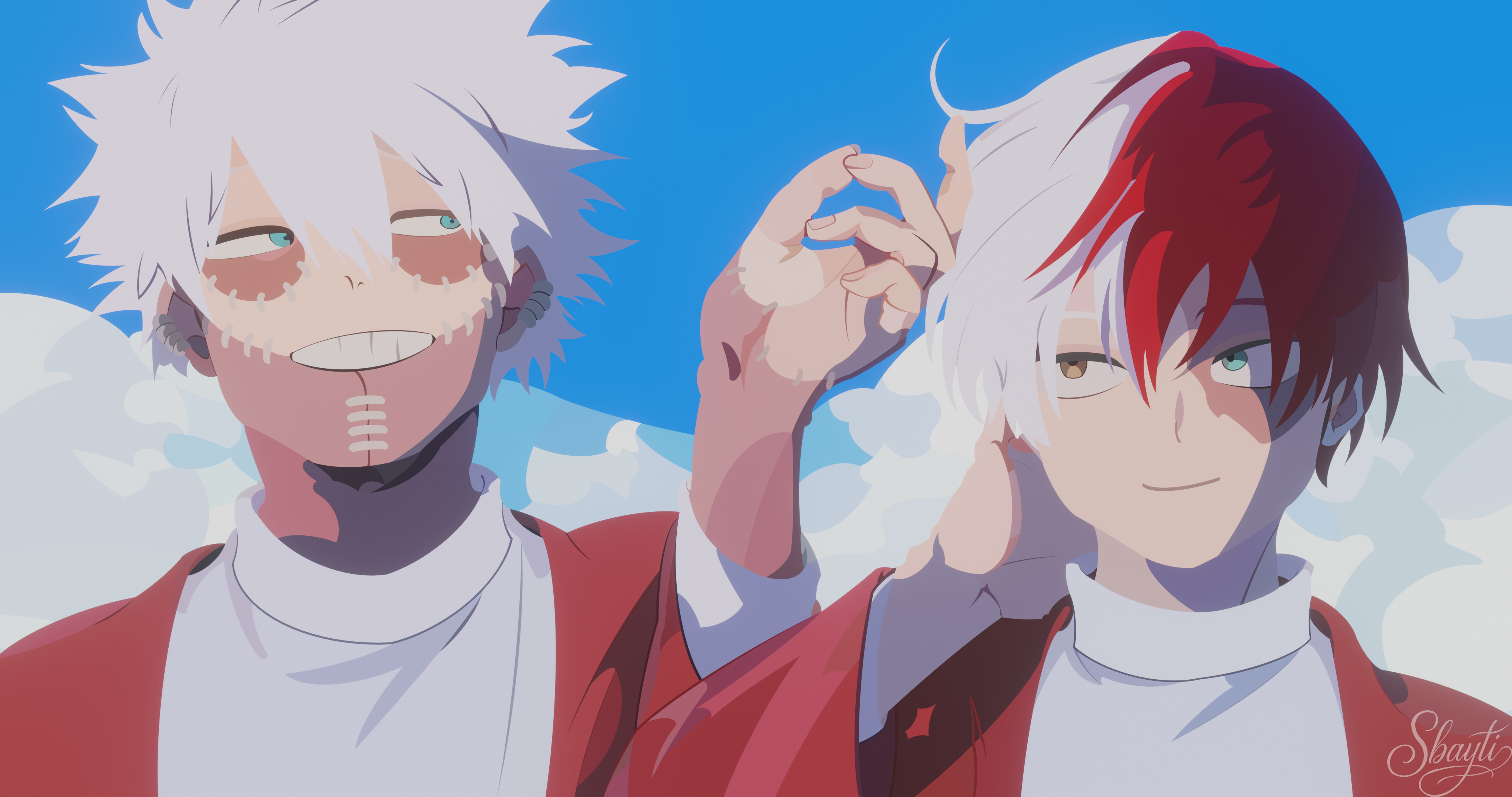 my hero academia 4K 桌布 壁紙 — 兩個動漫角色，一白一紅頭髮，在藍天白雲下站得很近。