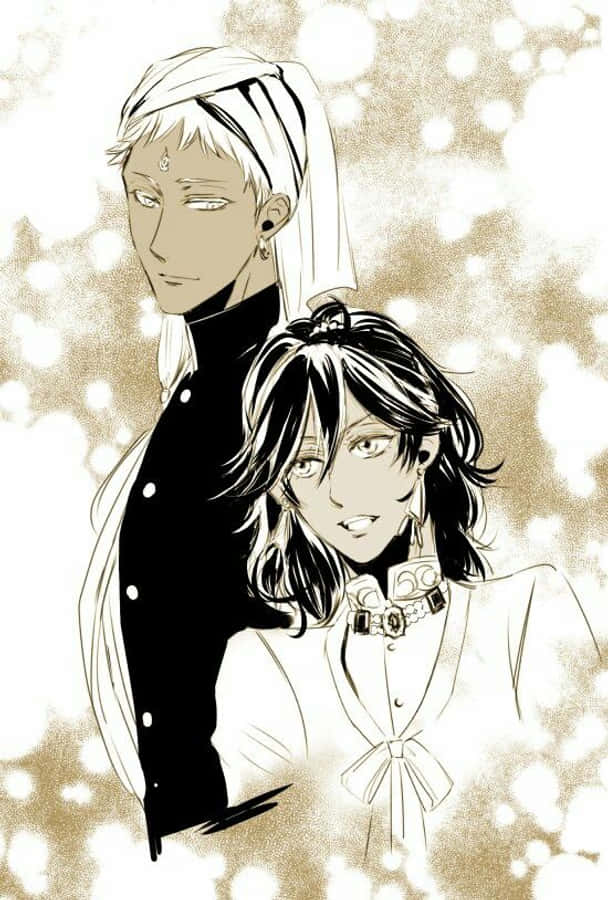 Black Butler Agni 桌布 壁紙 — 兩個動漫角色，一白一黑頭髮，在閃爍的金色背景前緊密站立。