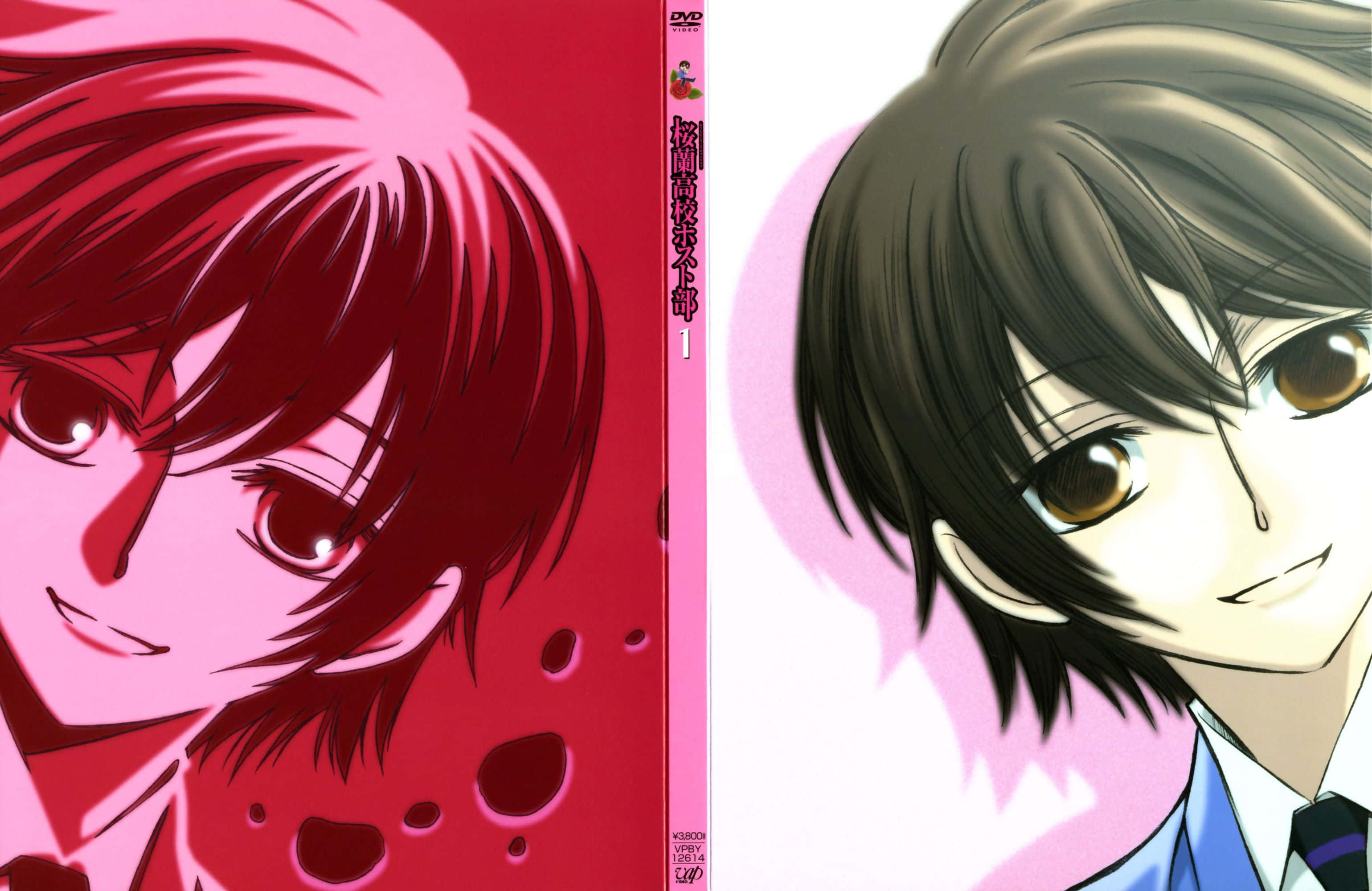 haruhi fujioka 桌布 壁紙 — 兩個動漫角色，一紅一棕的頭髮，在對比的粉紅和白色背景前凝視前方。