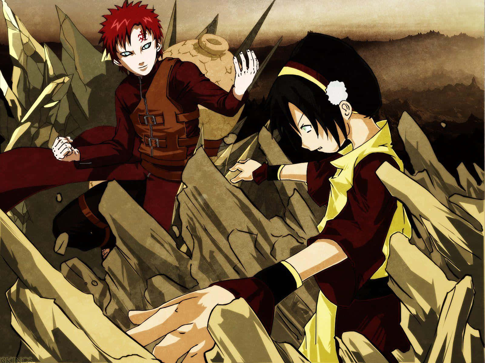 Gaara Naruto Anime 桌布 壁紙 — 兩個動漫角色，一紅一黑頭髮，在朦朧天空下穿越岩石地形。