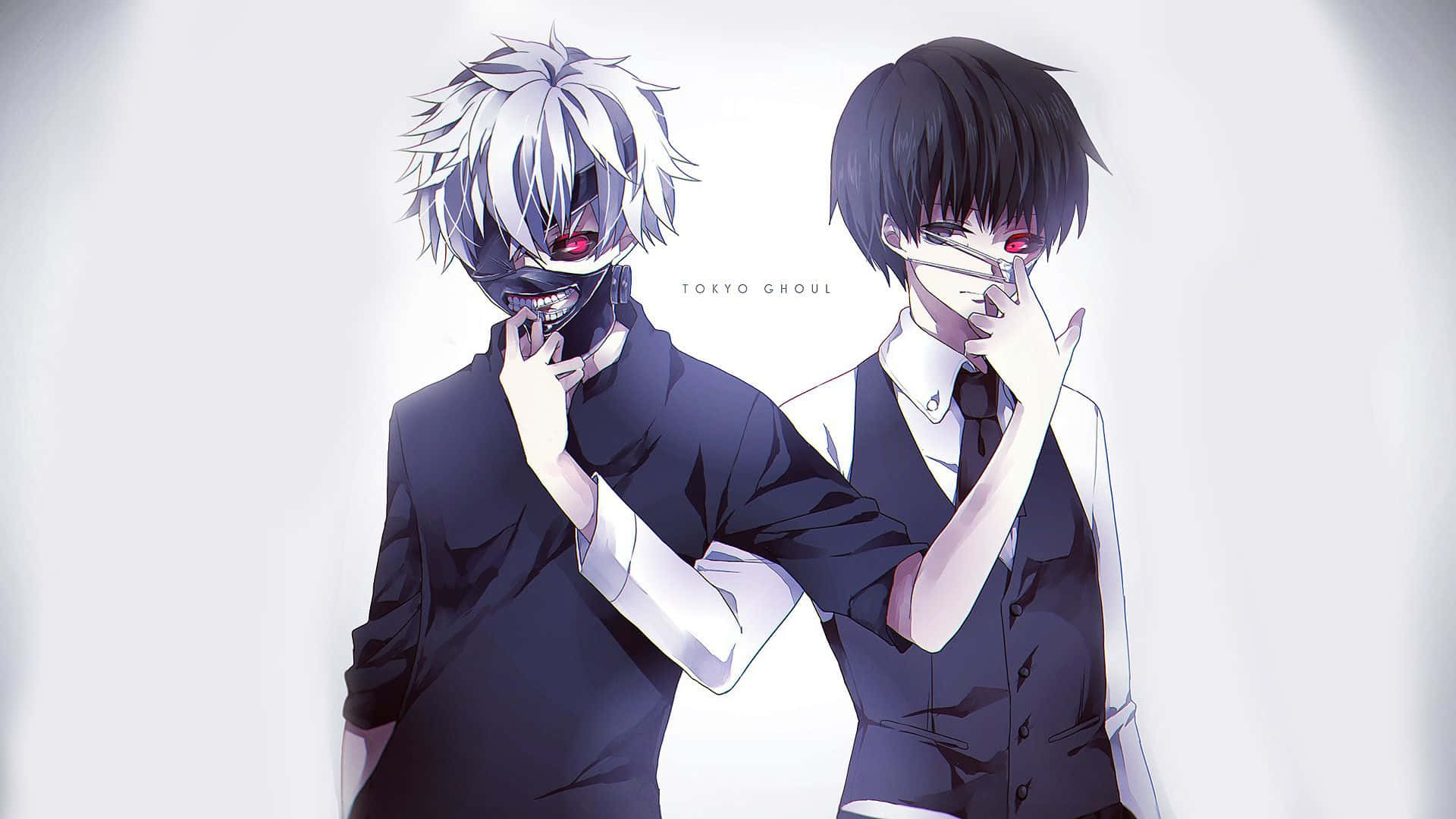 Cute Anime Boys 桌布 壁紙 — 兩個動漫角色，一頭白髮和黑髮，紅色眼睛，在純白色背景前擺姿勢。
