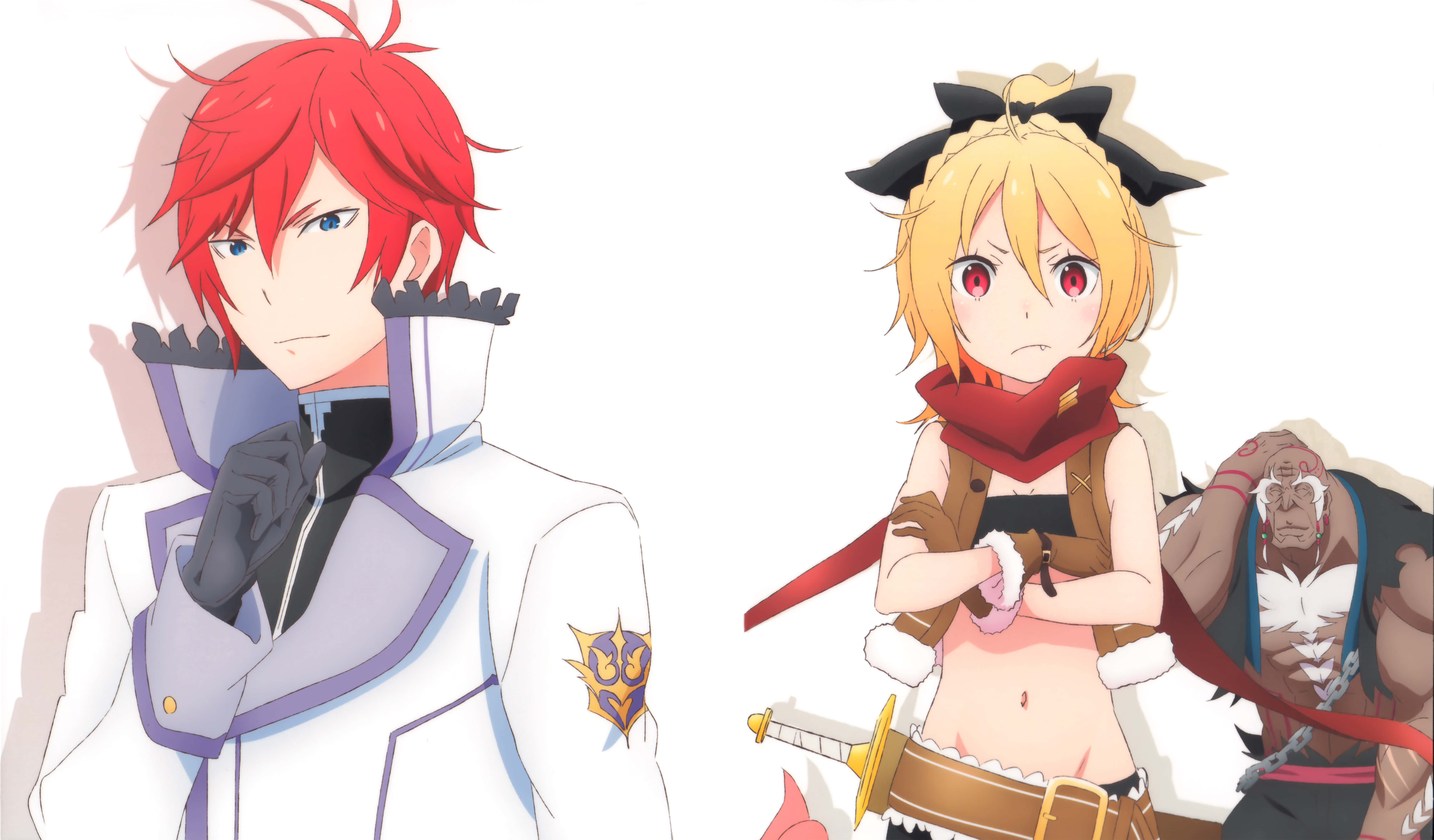 Re Zero Felt 桌布 壁紙 — 兩個動漫角色，一頭紅髮一頭金髮，自信地站在純白色背景前，一個穿著白色制服，另一個戴著紅色圍巾和盔甲。