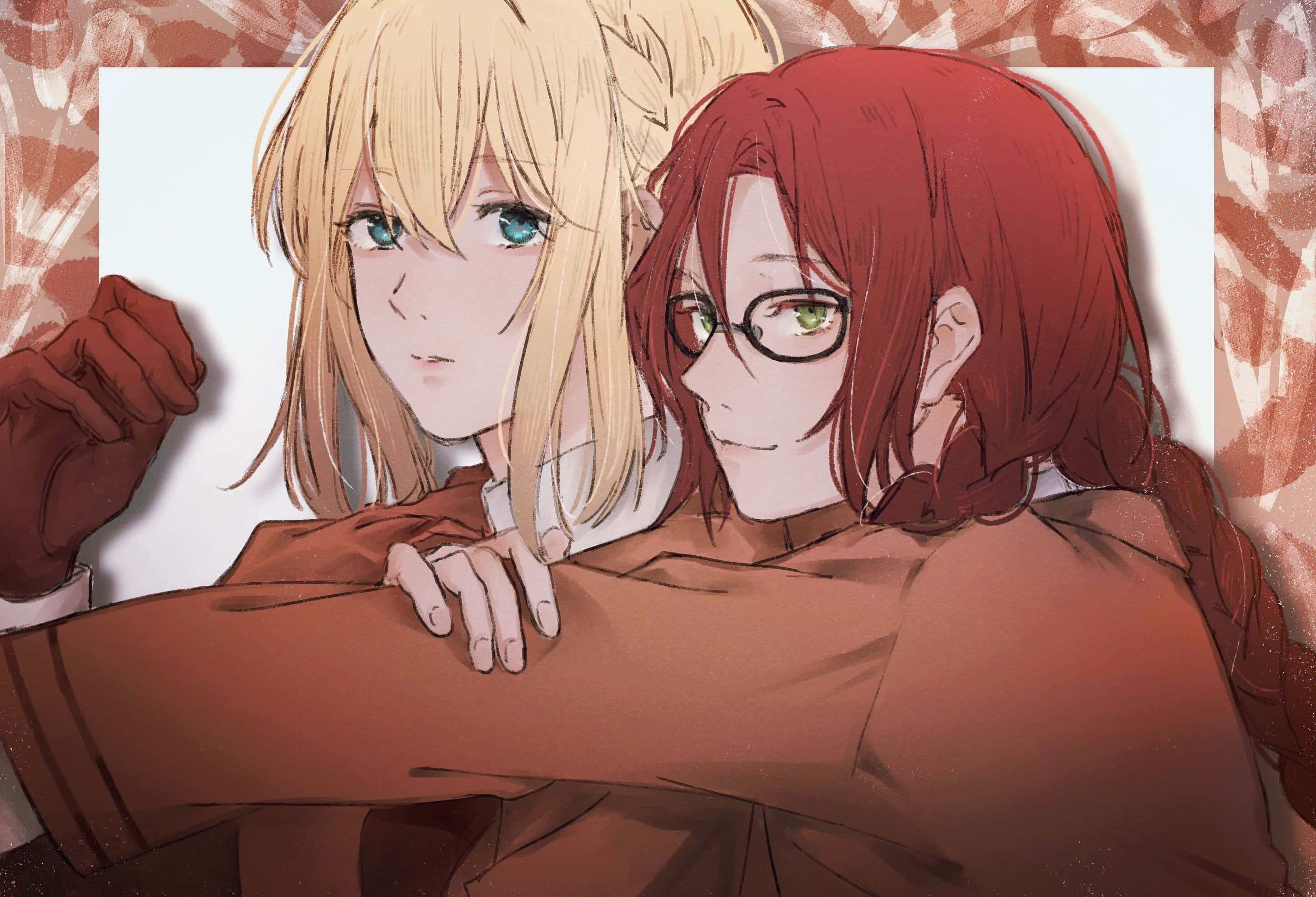 Isabella York 桌布 壁紙 — 兩個動漫角色，一頭金髮和一頭紅髮，在帶有紋理的微紅色背景前溫暖地擁抱。