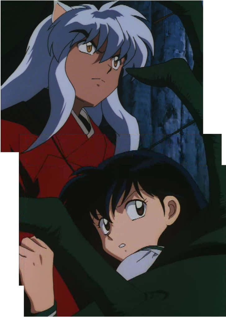 Inuyasha And Rin 桌布 壁紙 — 兩個動漫角色，一頭銀髮和黑髮，在昏暗的場景中凝視著。