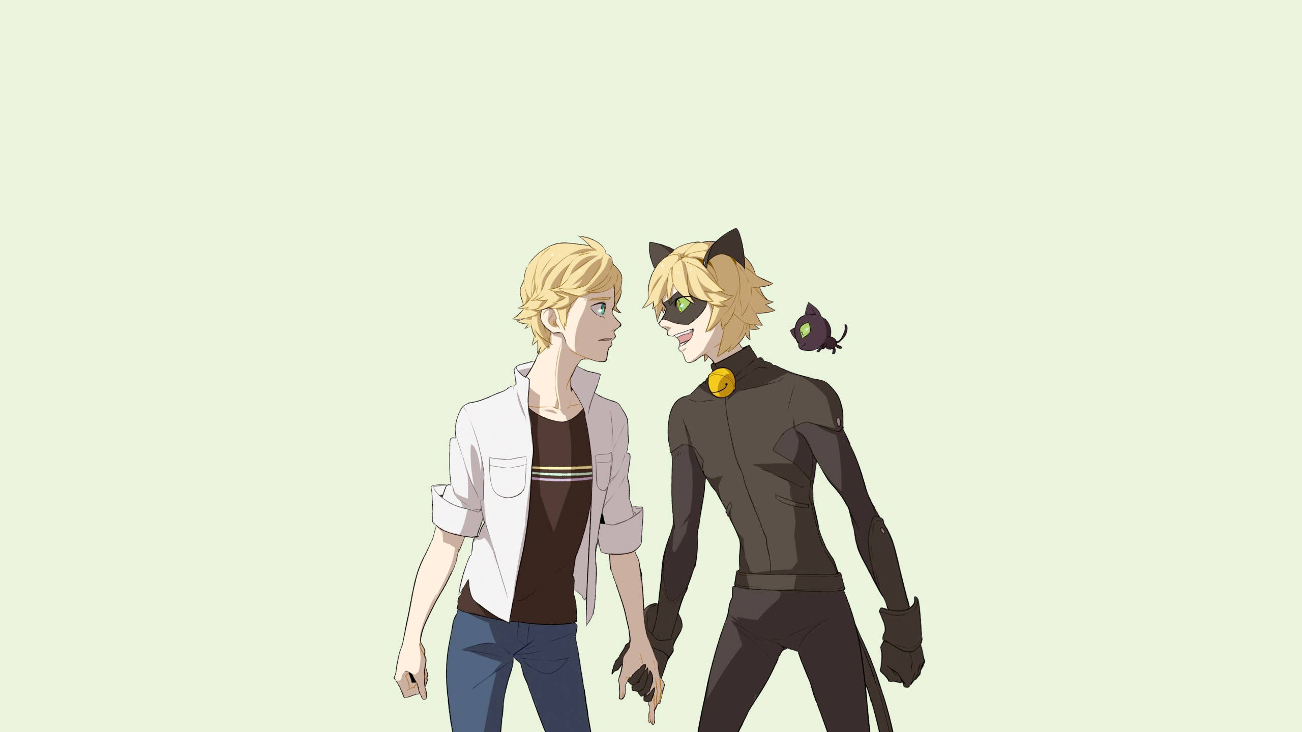 Cat Noir 桌布 壁紙 — 兩個動漫角色，其中一個戴著貓耳和面具，在淡綠色背景前牽手。