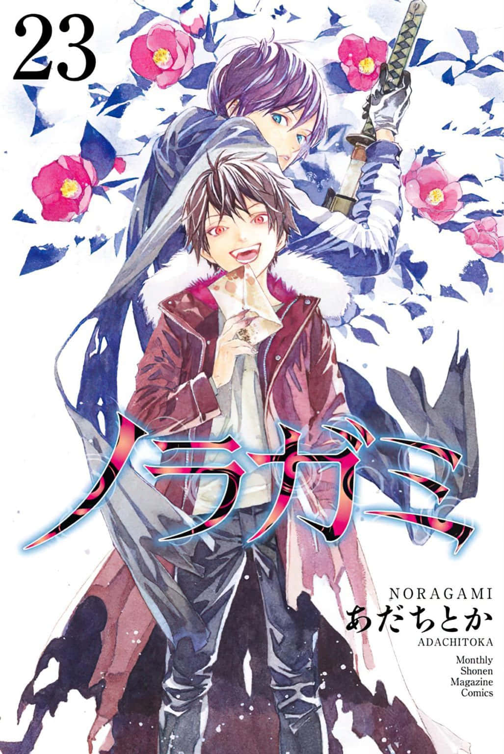 Noragami 桌布 壁紙 — 兩個動漫角色，其中一個持劍，在粉紅花朵和藍色碎片中的動態漫畫封面藝術。