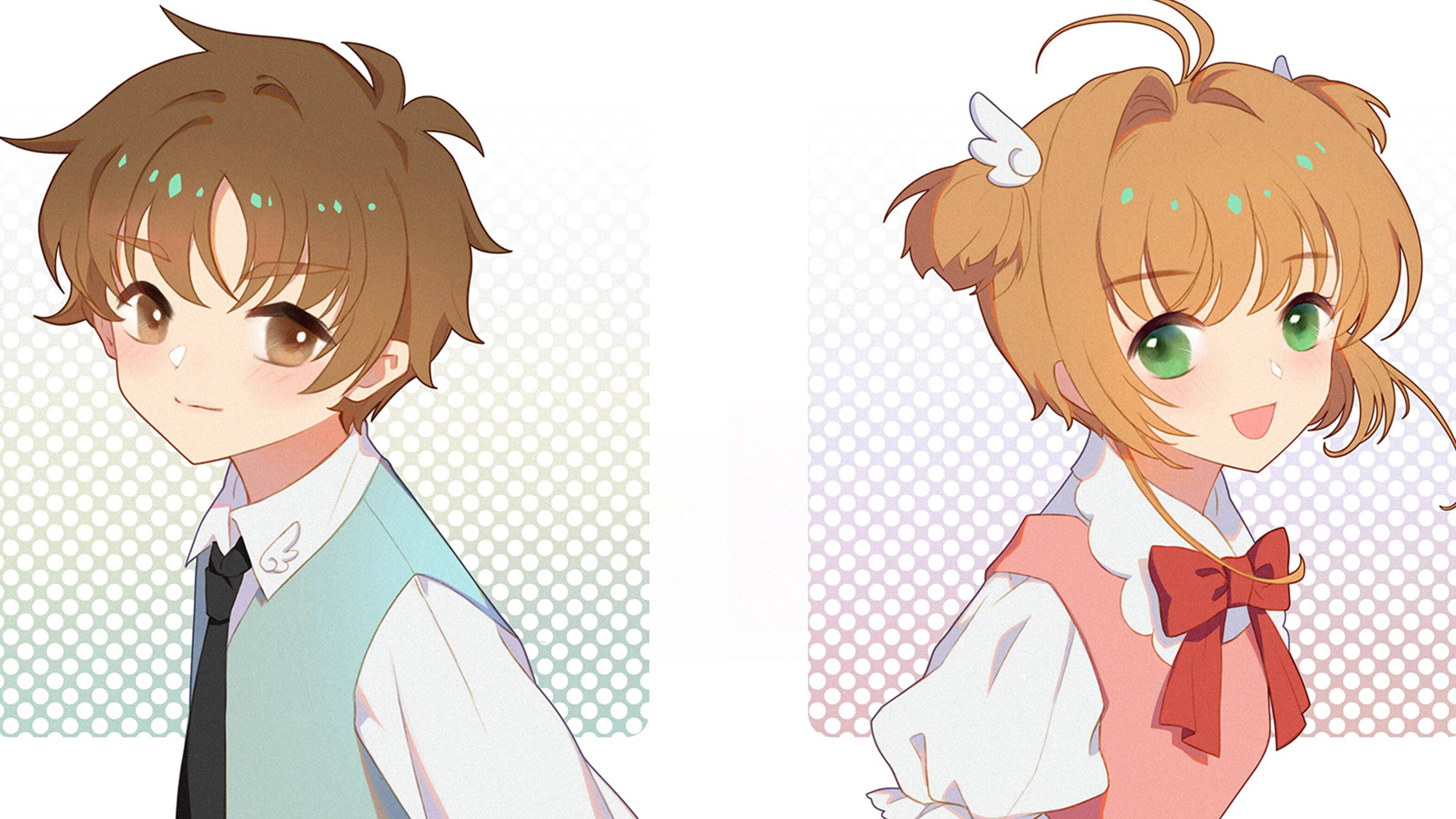 Cardcaptor 桌布 壁紙 — 兩個動漫角色，分別有棕色和橙色頭髮，在柔和的漸變點點背景上溫柔微笑。