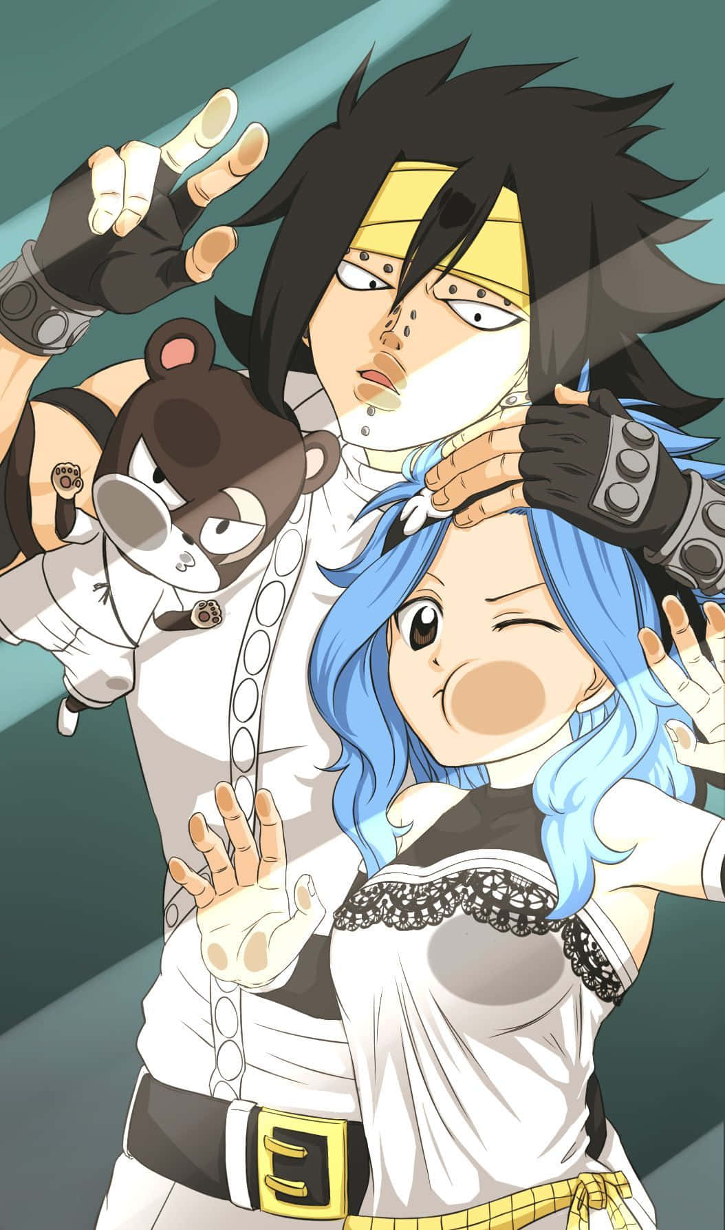 Gajeel Redfox 桌布 壁紙 — 兩個動漫角色，分別有藍色和黑色頭髮，在藍綠色漸變背景前擺出俏皮的姿勢。